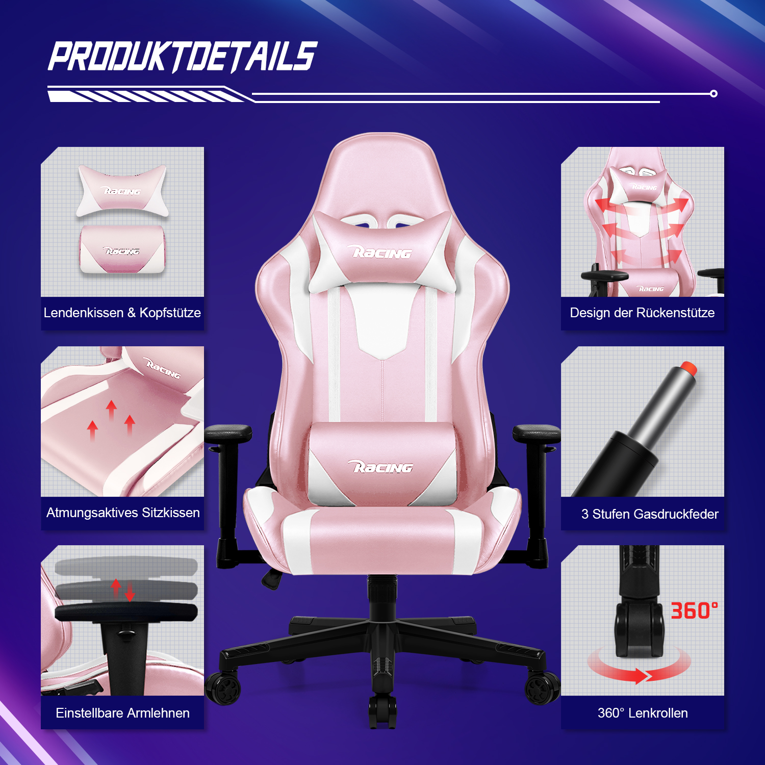 Rosa-weißer Gaming-Stuhl mit Kopf- und Lendenwirbelstütze. Details umfassen Armlehnen und eine 360°-Drehbasis.