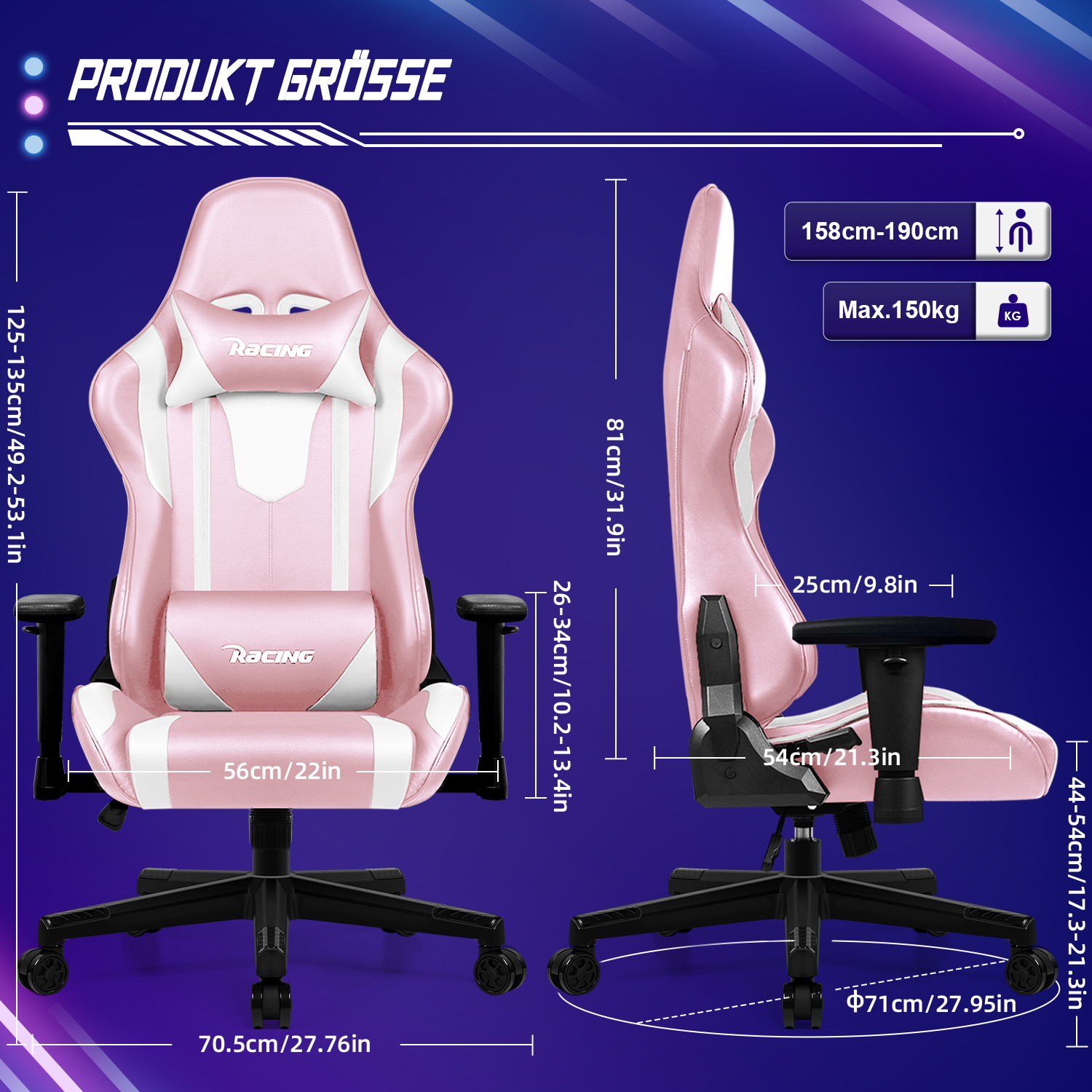 Rosa Gaming-Stuhl mit Abmessungen und Maßen, einschließlich Höhe und Breite.