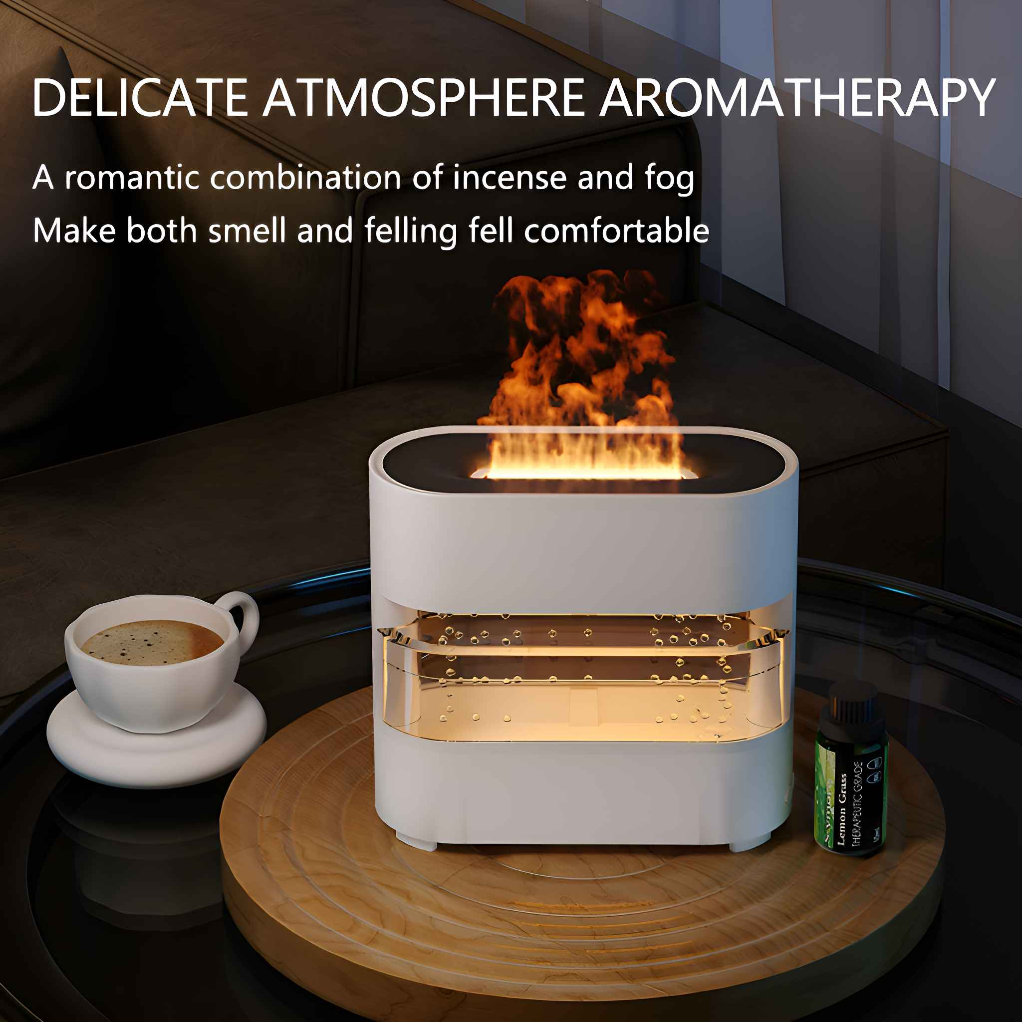 Weiße Aromatherapiemaschine mit Flammeneffekt, neben einer Teetasse und einer ätherischen Ölflasche auf einem Holztablett.