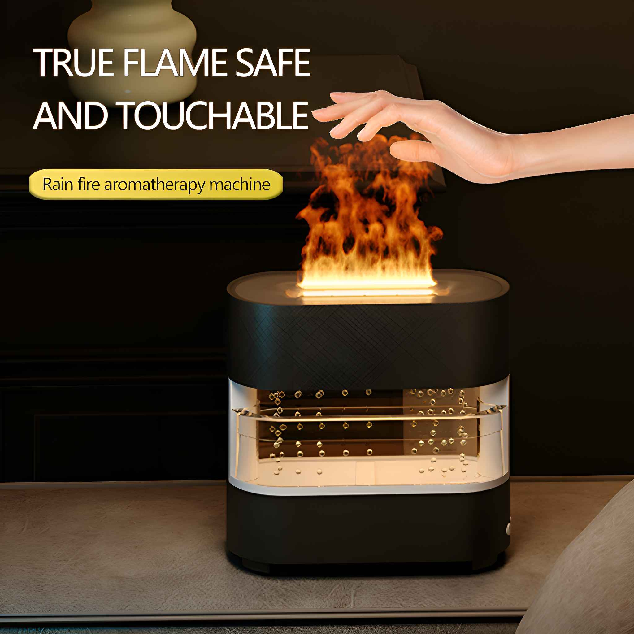 Schwarze Aromatherapie-Maschine mit Flammeneffekt. Eine Hand greift nach der Flamme.
