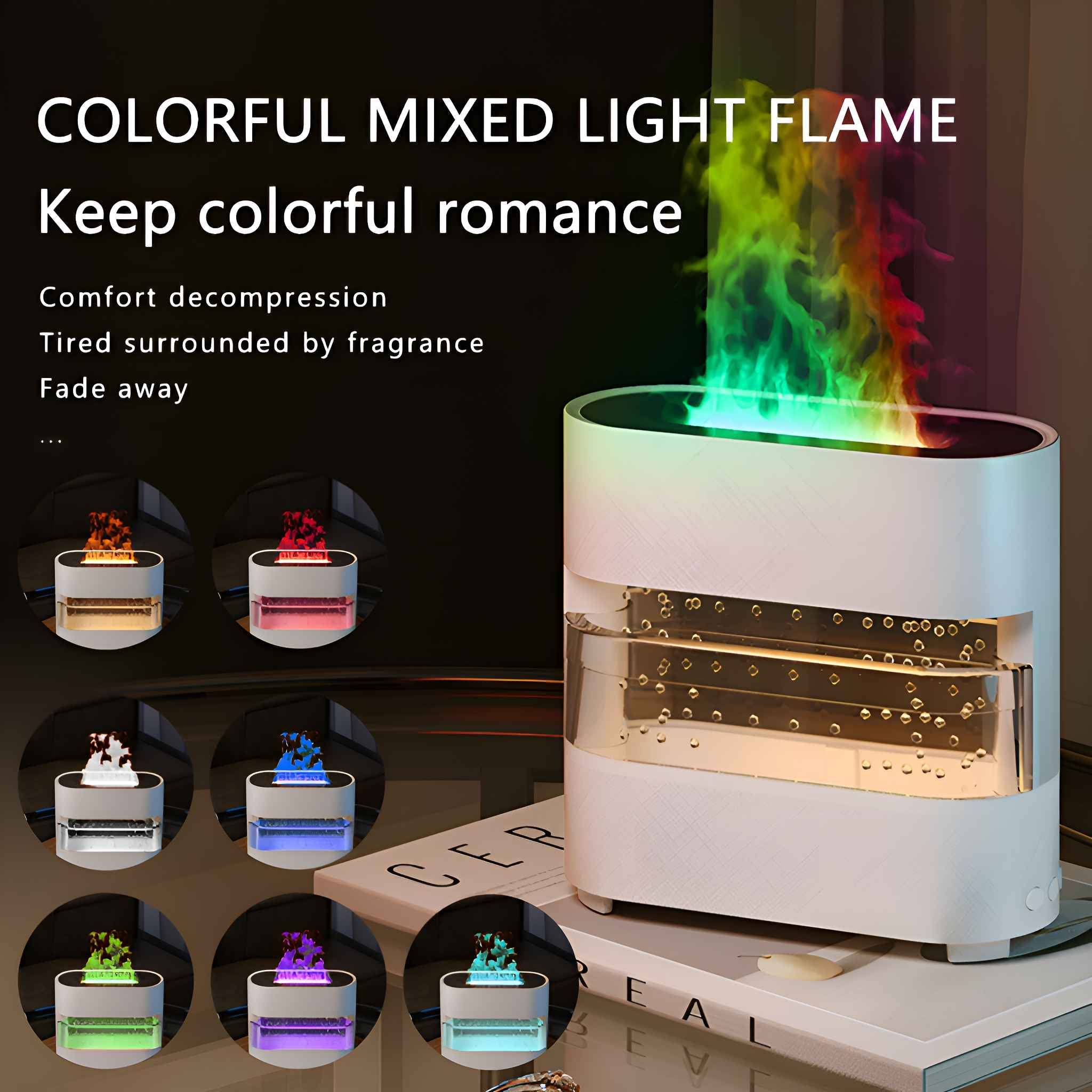Weiße Aromatherapiemaschine mit Farbwechsel-Flammeneffekt. Mehrere kleinere Bilder zeigen verschiedene Flammenfarben.