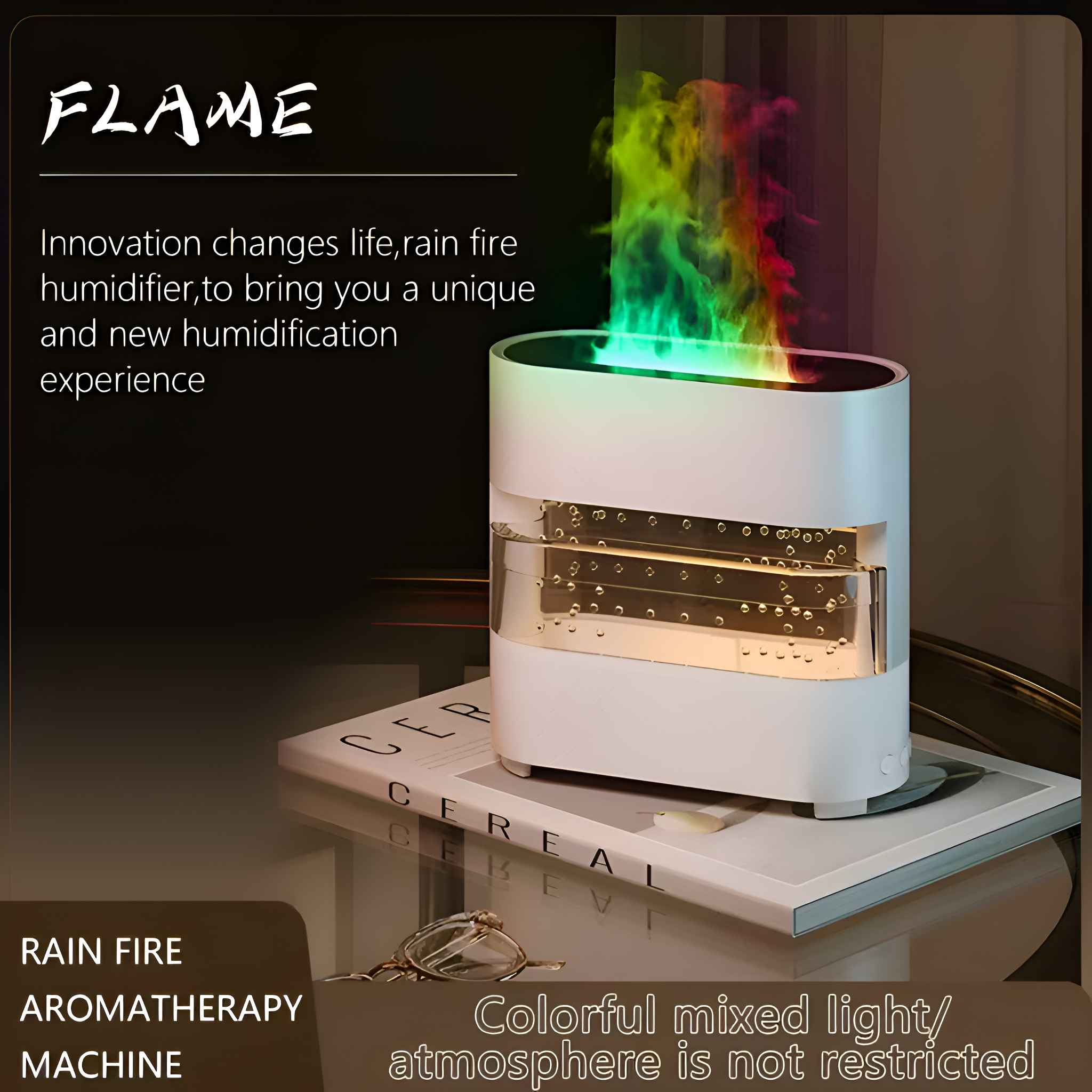 Weiße Aromatherapiemaschine mit farbenfrohem Flammeneffekt. Sie steht auf einem Buch mit verschwommenem Hintergrund.