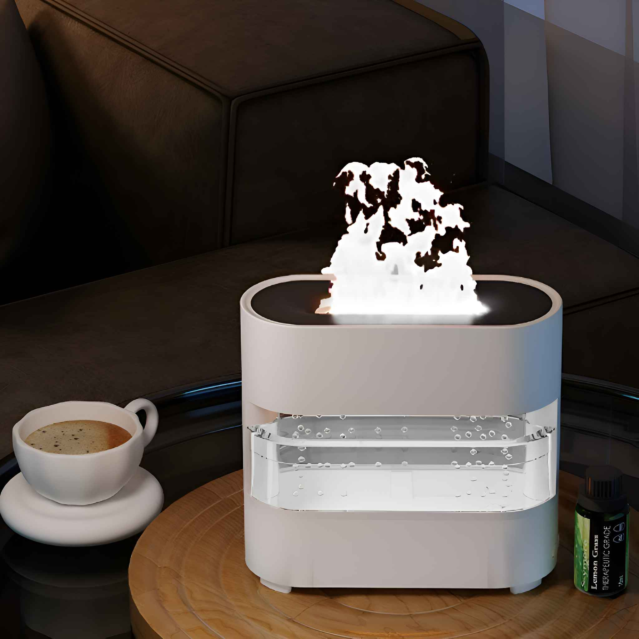 Ein weiß-schwarzer Luftbefeuchter mit Flammeneffekt. Eine Tasse Kaffee und eine Flasche ätherisches Öl stehen daneben.