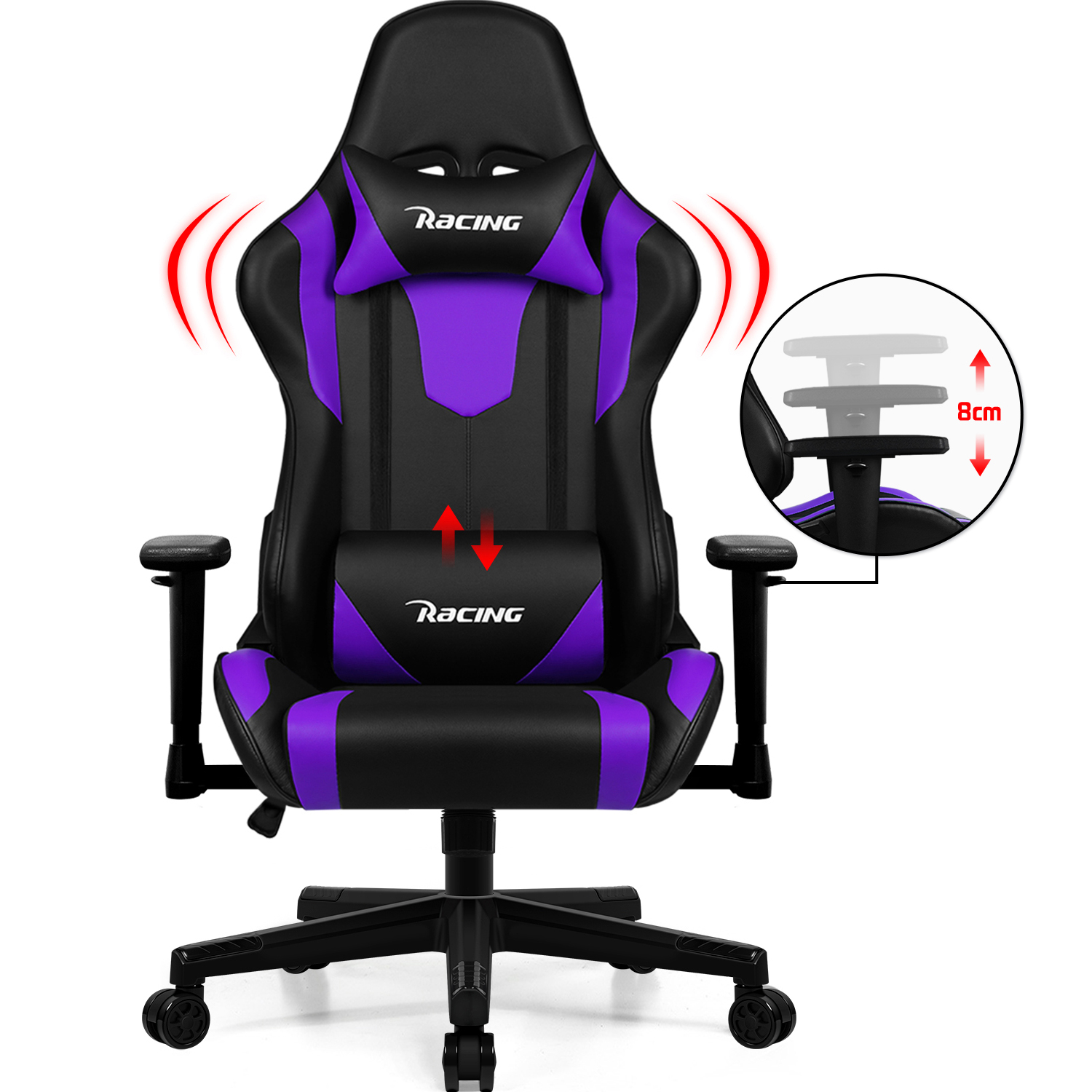 Schwarz-violetter Gaming-Stuhl mit Kopf- und Lendenwirbelstütze. Der Stuhl ist 8 cm höhenverstellbar.