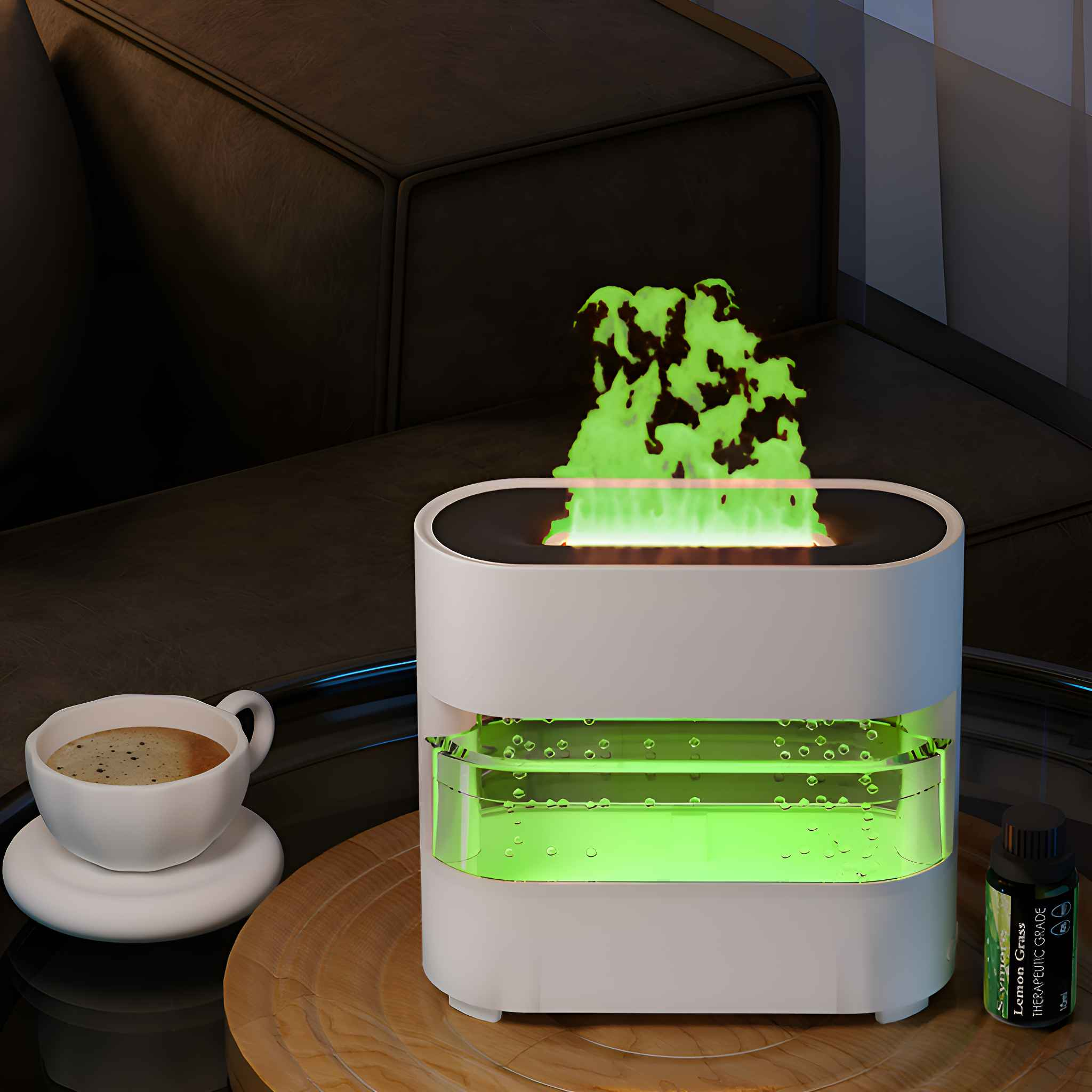 Ein Luftreiniger mit einer kleinen Tasse Kaffee und einer Flasche ätherischem Öl auf einem Holztisch.