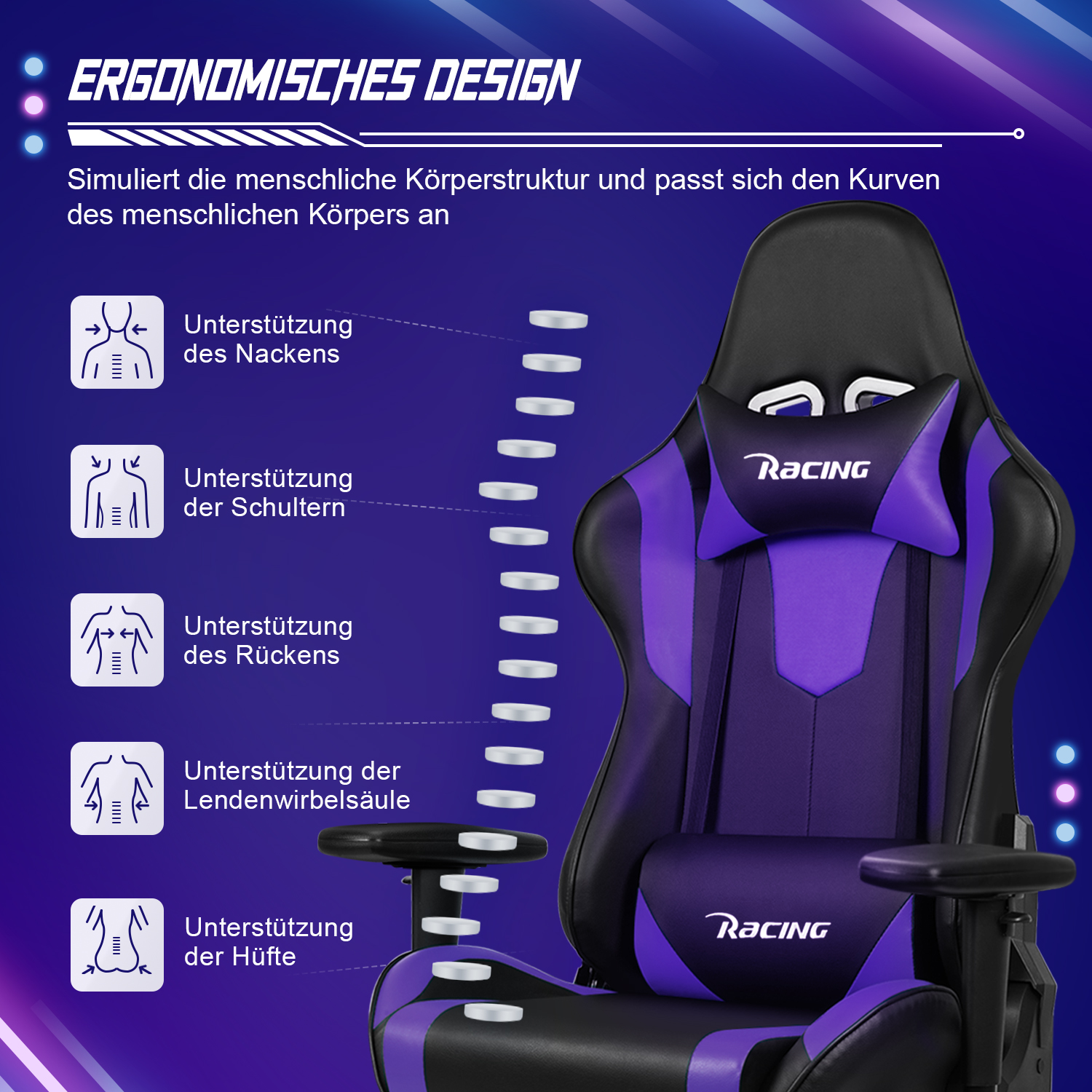 Schwarz-violetter Gaming-Stuhl. Er hat eine Kopfstütze, Lendenwirbelstütze und Armlehnen. Verschiedene Stützbereiche sind hervorgehoben.