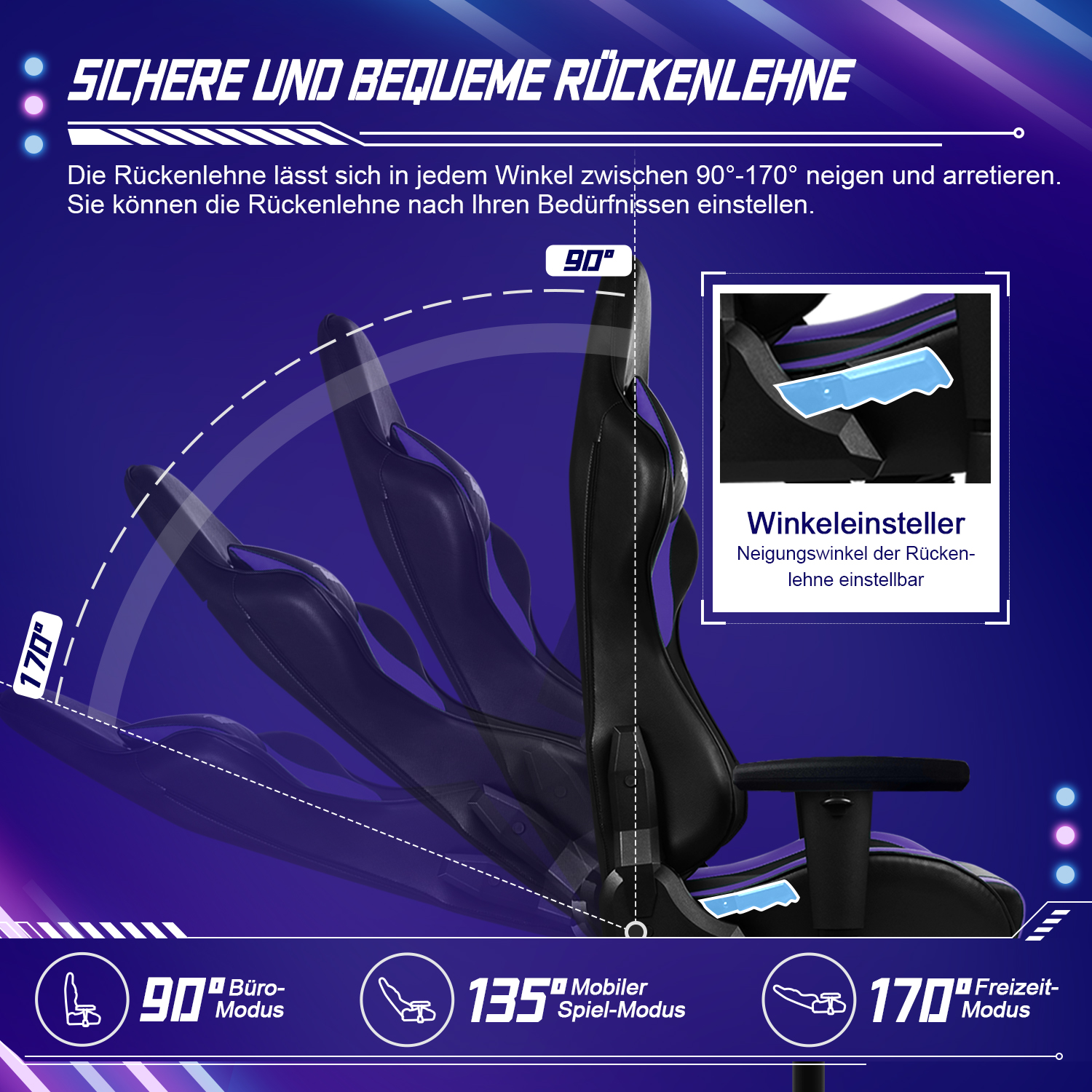 Schwarzer Gaming-Stuhl mit verstellbarer Rückenlehne. Zeigt verschiedene Neigungswinkel: 90°, 135° und 170°.