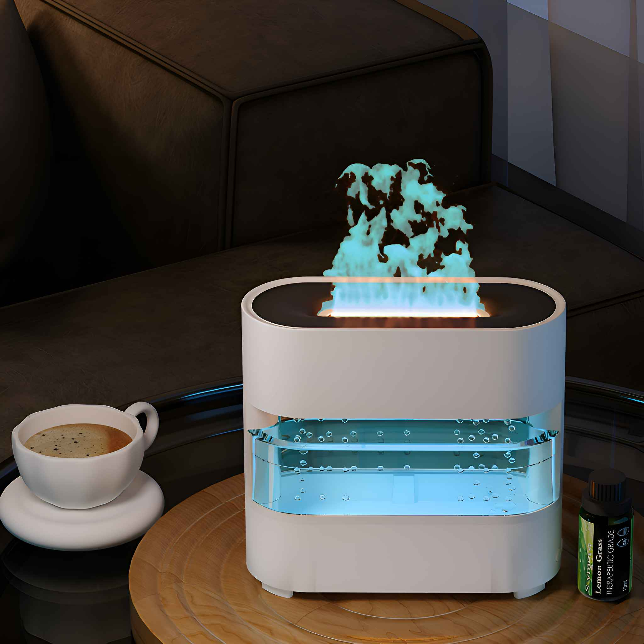 Luftreiniger mit grünen Lichtern, einer Tasse Kaffee und einer Flasche ätherischem Öl auf einem Holztisch.