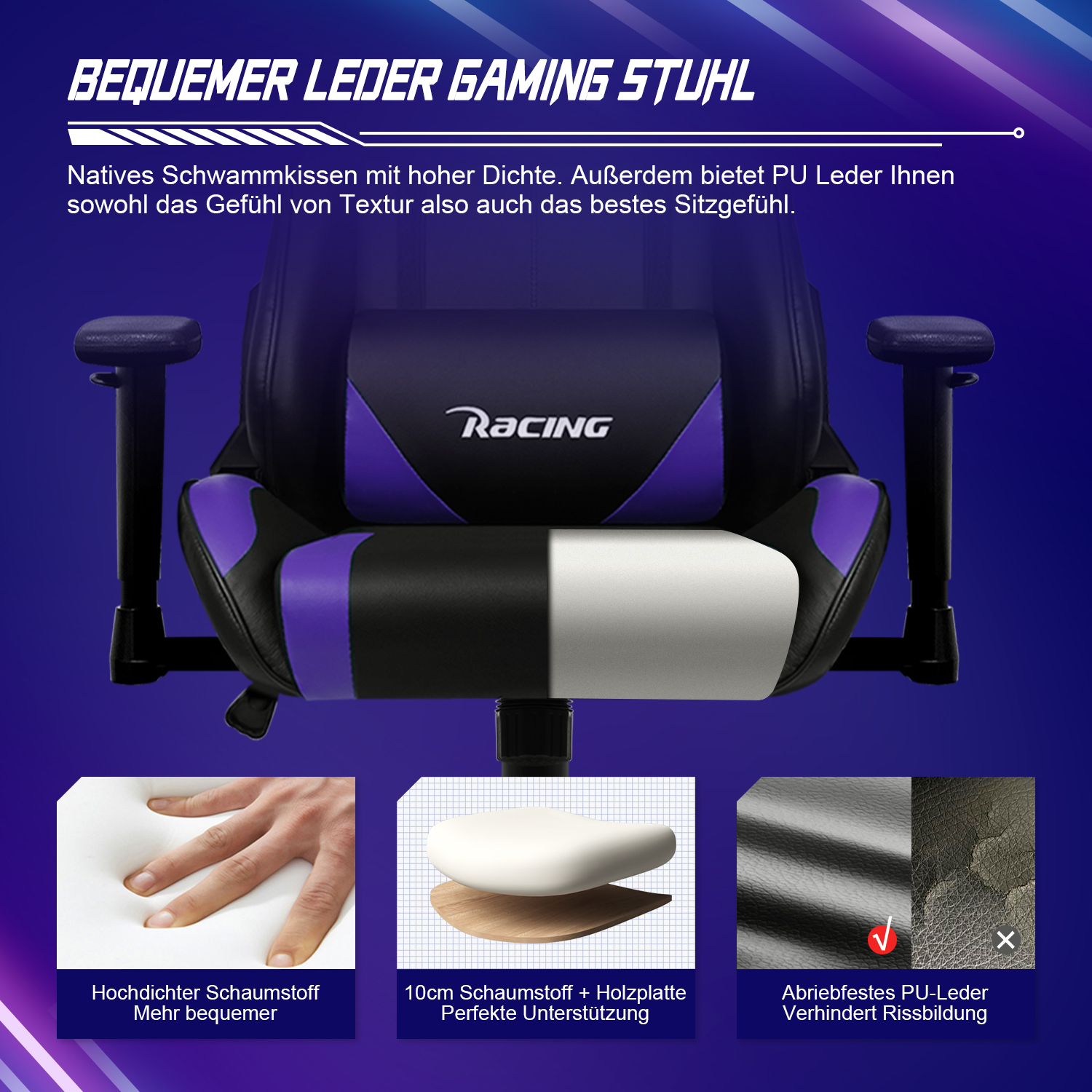 Schwarz-violetter Gaming-Stuhl. Er hat eine Kopfstütze und Armlehnen. Nahaufnahmen von Materialien werden gezeigt.