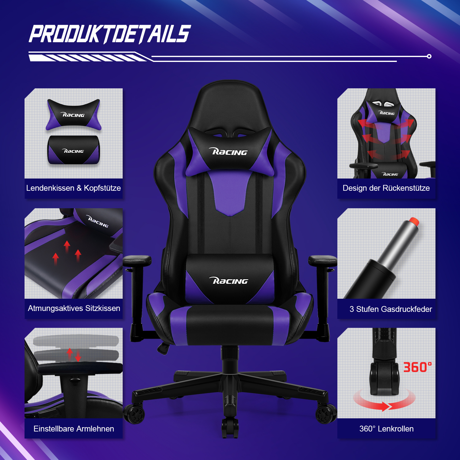 Gaming-Stuhl mit lila und schwarzem Design. Er zeigt Kopfstütze, Rückenlehne, Sitz und Armlehnen im Detail.