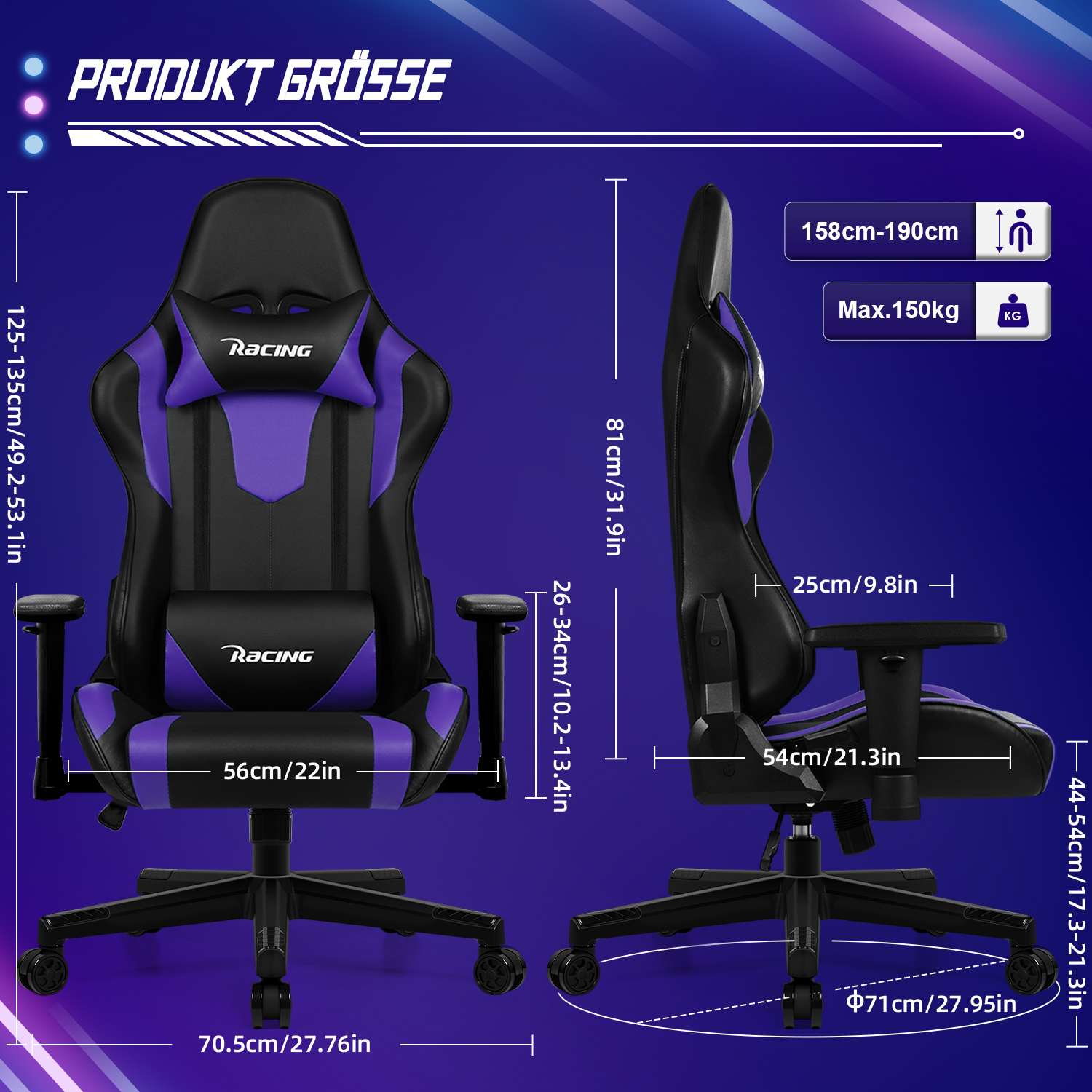 Gaming-Stuhl mit lila und schwarzem Design. Abmessungen und Gewichtskapazität werden angezeigt. Vorder- und Seitenansicht.