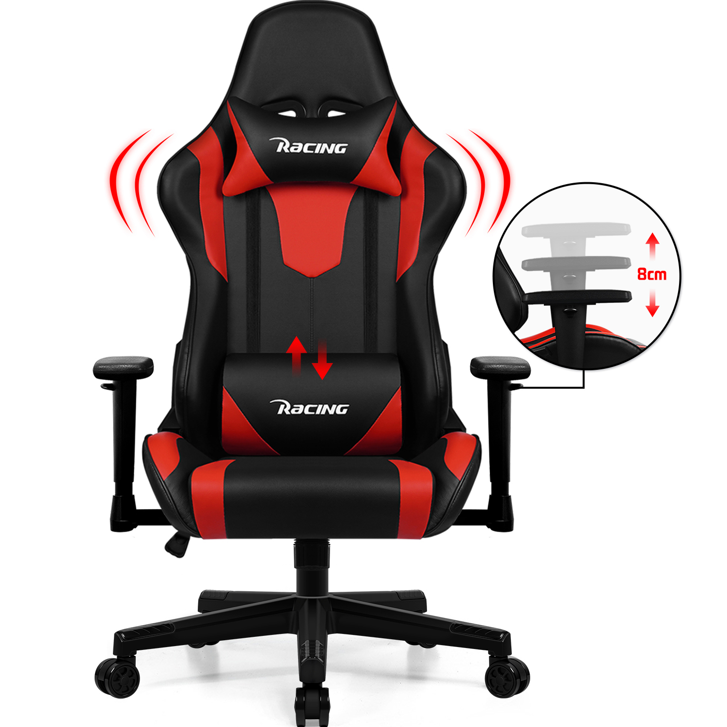 Schwarz-roter Gaming-Stuhl mit Kopf- und Lendenwirbelstütze. Der Stuhl ist 8 cm höhenverstellbar.