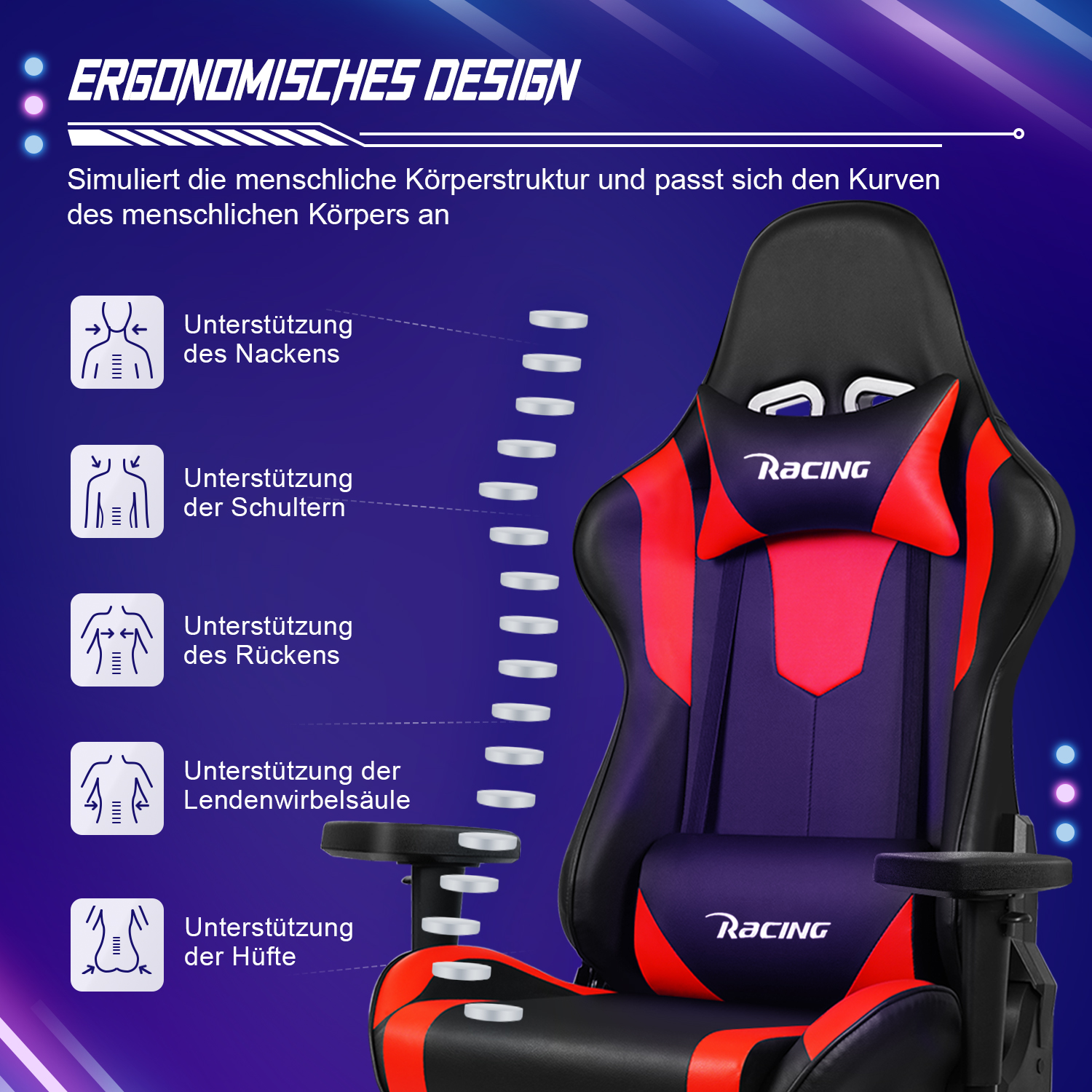 Gaming-Stuhl mit ergonomischem Design. Er zeigt Unterstützung für Nacken, Schultern, Rücken, Lendenwirbelsäule und Hüfte.