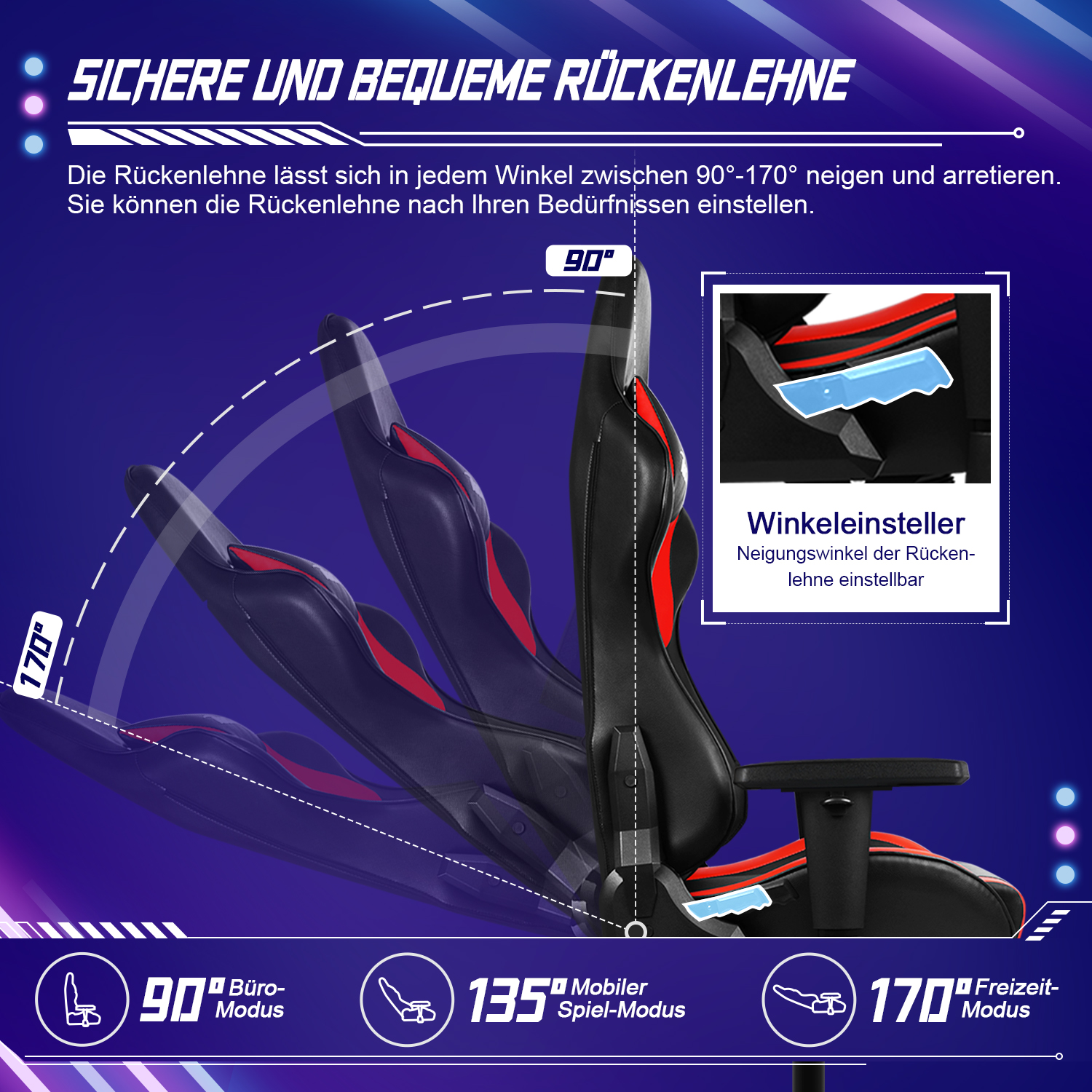 Schwarz-roter Gaming-Stuhl. Er zeigt eine verstellbare Rückenlehne, die in verschiedenen Winkeln eingestellt werden kann.