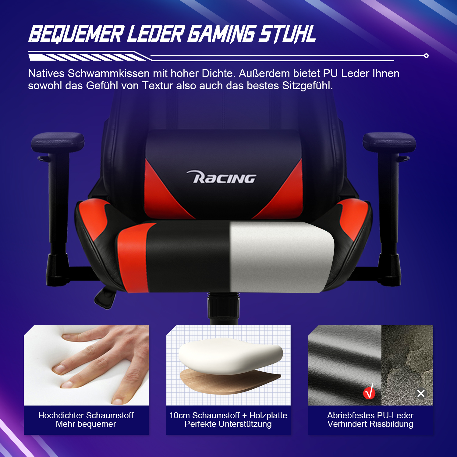 Nahaufnahme eines schwarz-roten Gaming-Stuhls mit weißem Kissen und roten Akzenten. Es zeigt ein Etikett.