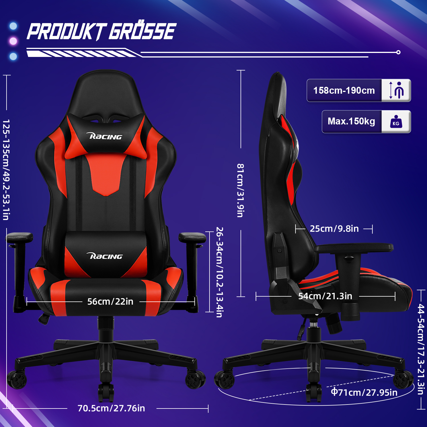 Gaming-Stuhl mit schwarzem und rotem Design. Abmessungen und Gewichtskapazität werden angezeigt. Vorder- und Seitenansicht.