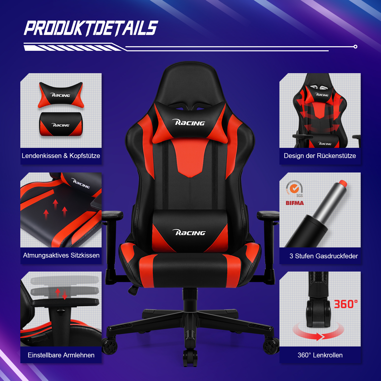 Gaming-Stuhl von Racing. Enthält Kopfstütze, Rückenlehne, Sitz, Armlehnen, verstellbare Gasfeder und Räder.
