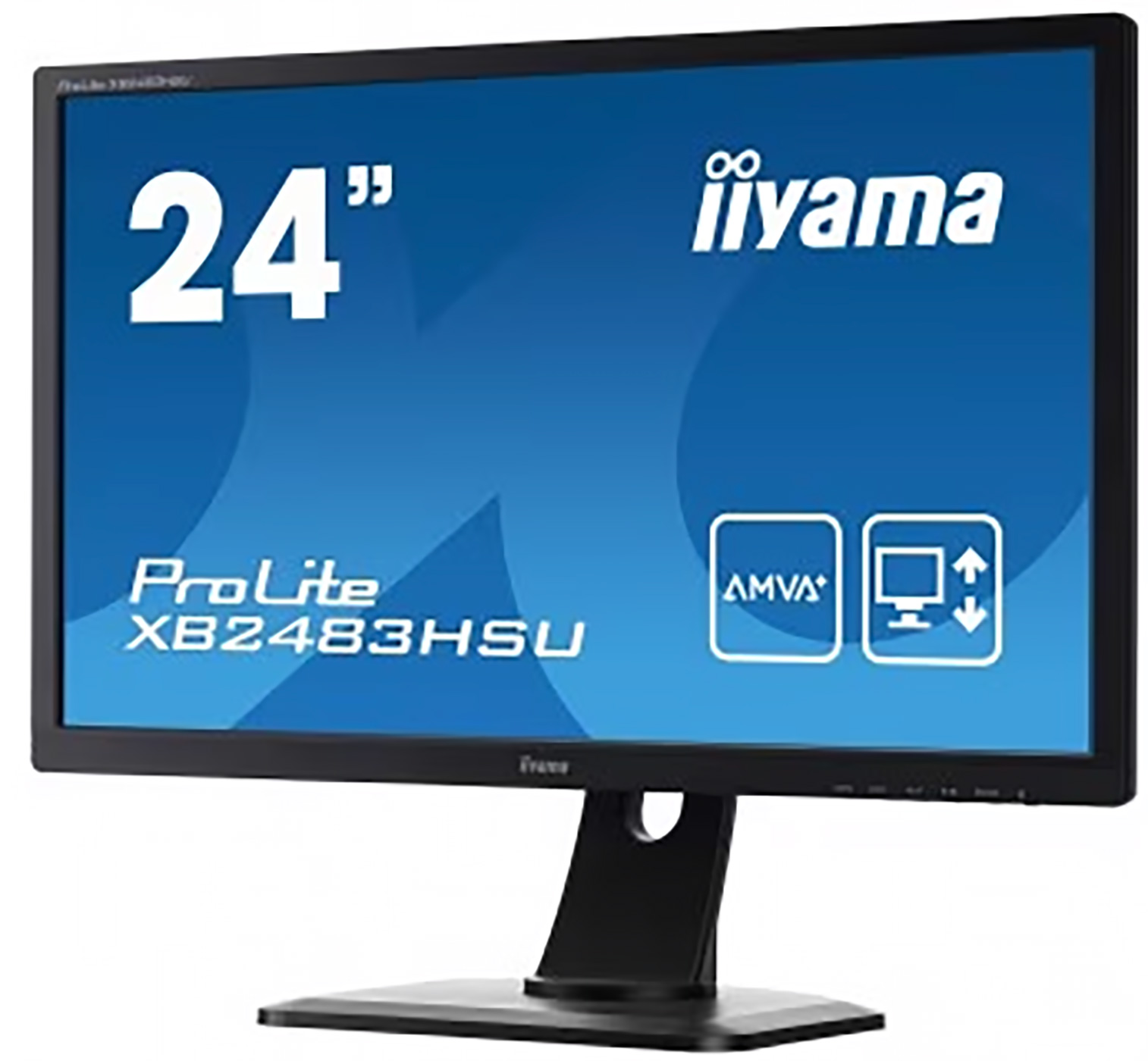 Een 24-inch zwarte computermonitor met de merknaam 'iiyama' en een blauw scherm.