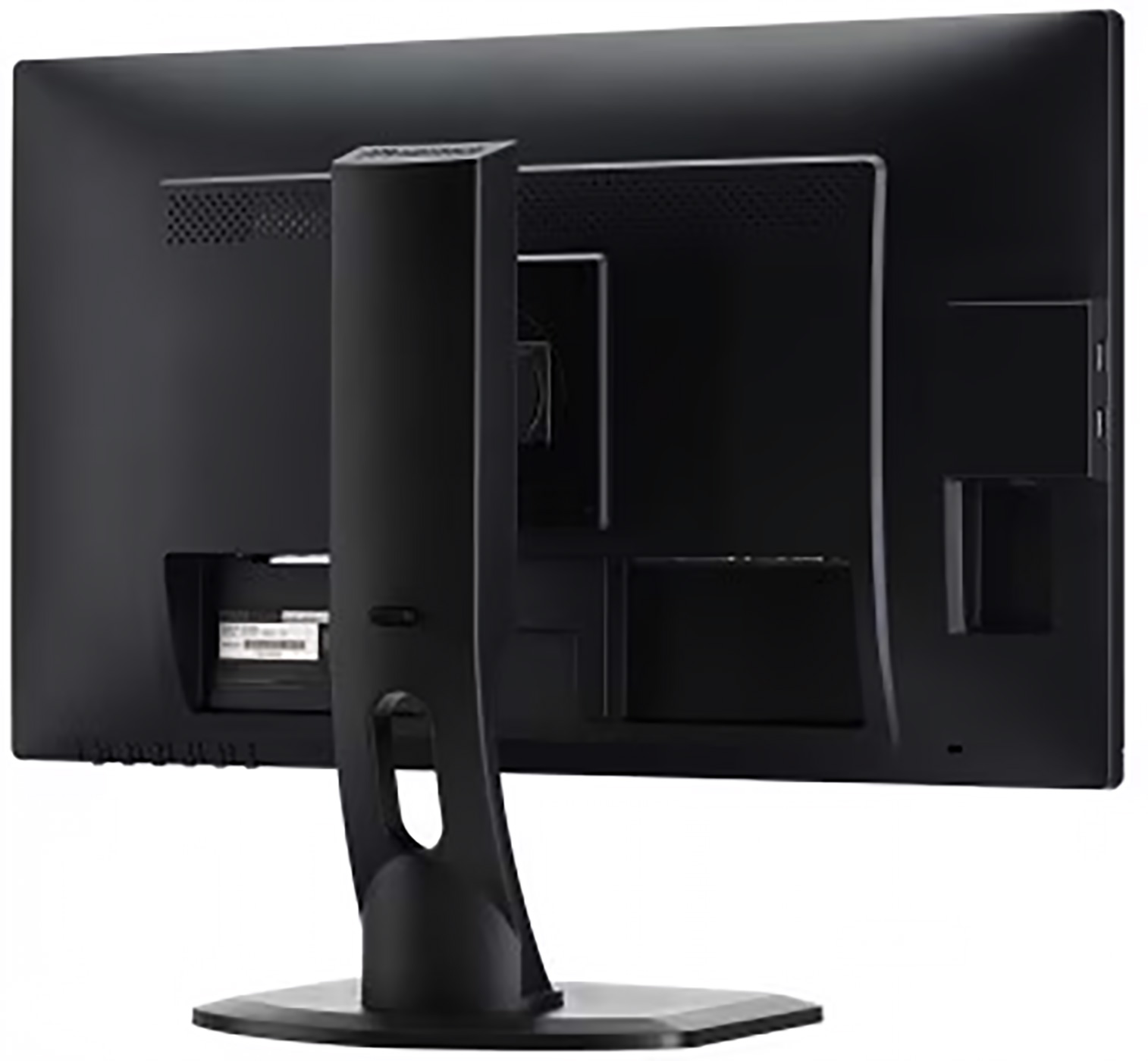 Achterkant van een zwarte monitor met een standaard. Het heeft ventilatieopeningen en poorten.