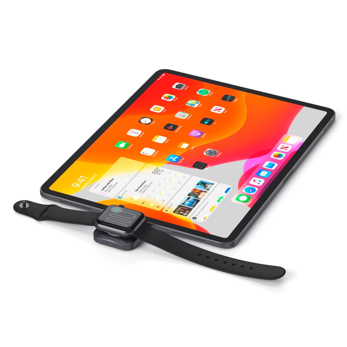 iPad, Apple Watch i ładowarka na białej powierzchni. iPad wyświetla ikony aplikacji.