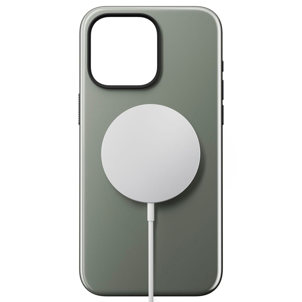 Eine grüne Handyhülle mit einem weißen MagSafe-Ladegerät, Kabel nach unten.