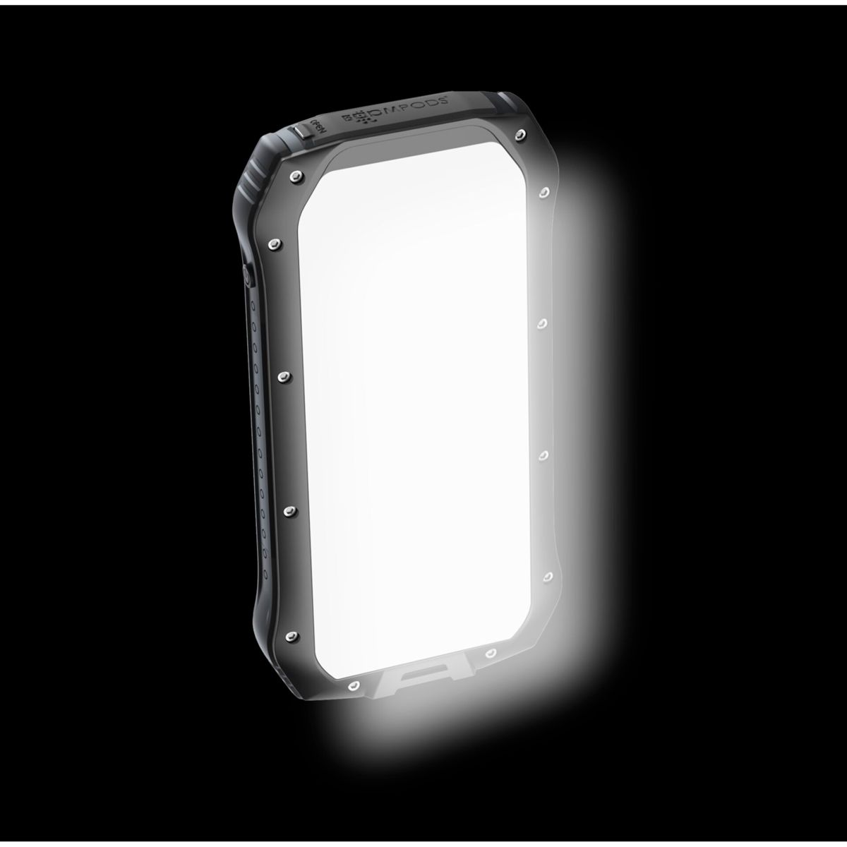 Custodia per telefono nera con schermo bianco brillante. Bordi con dettagli a vite, luminosi.