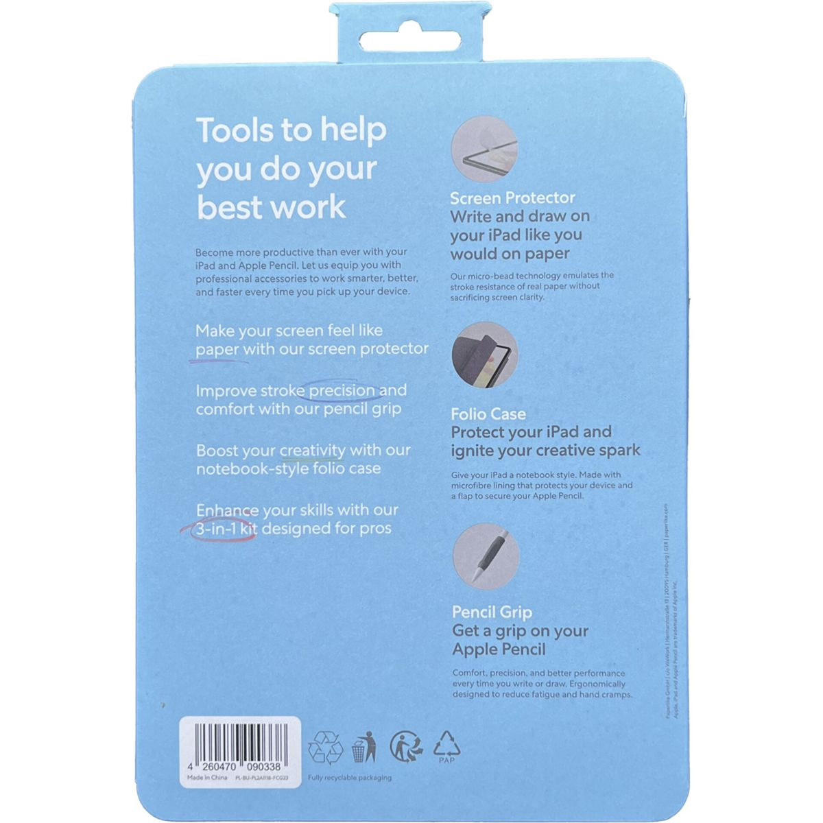 Produktverpackung mit Text über iPad-Zubehör, einschließlich Displayschutzfolien und Stifthaltern.