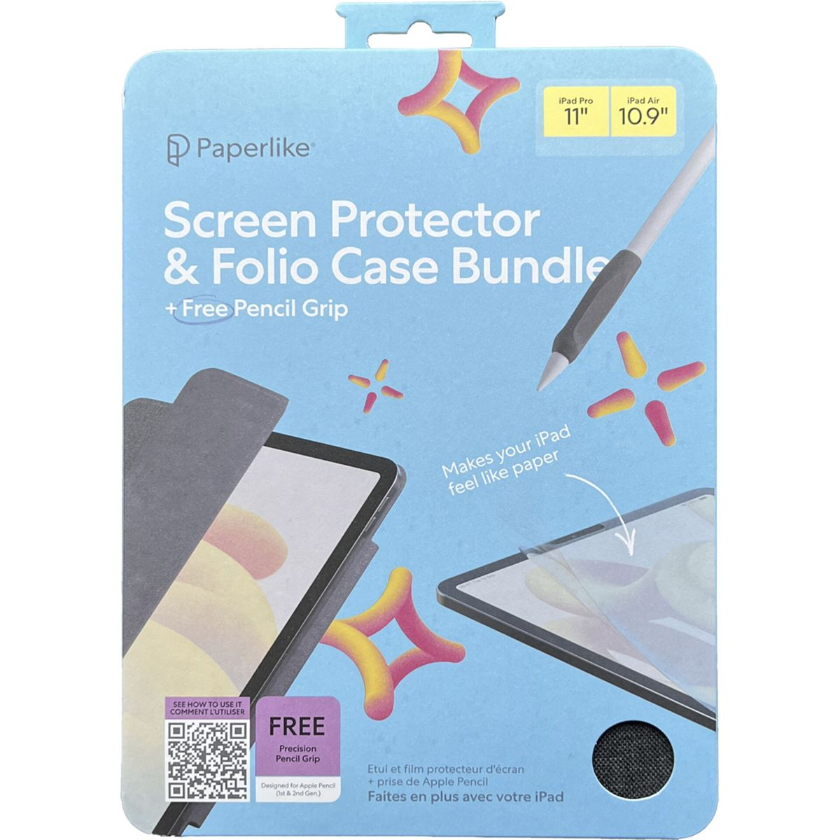 Verpackung für ein Displayschutz- und Folio-Case-Bundle für iPads, mit einem kostenlosen Bleistifthalter.