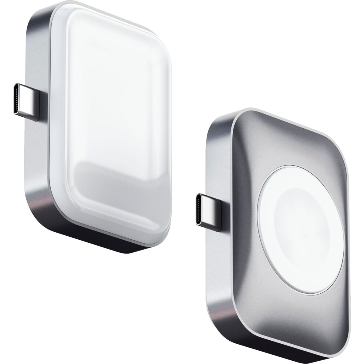 Dos dispositivos de carga plateados, uno cuadrado y otro redondo. Ambos tienen puertos USB-C.