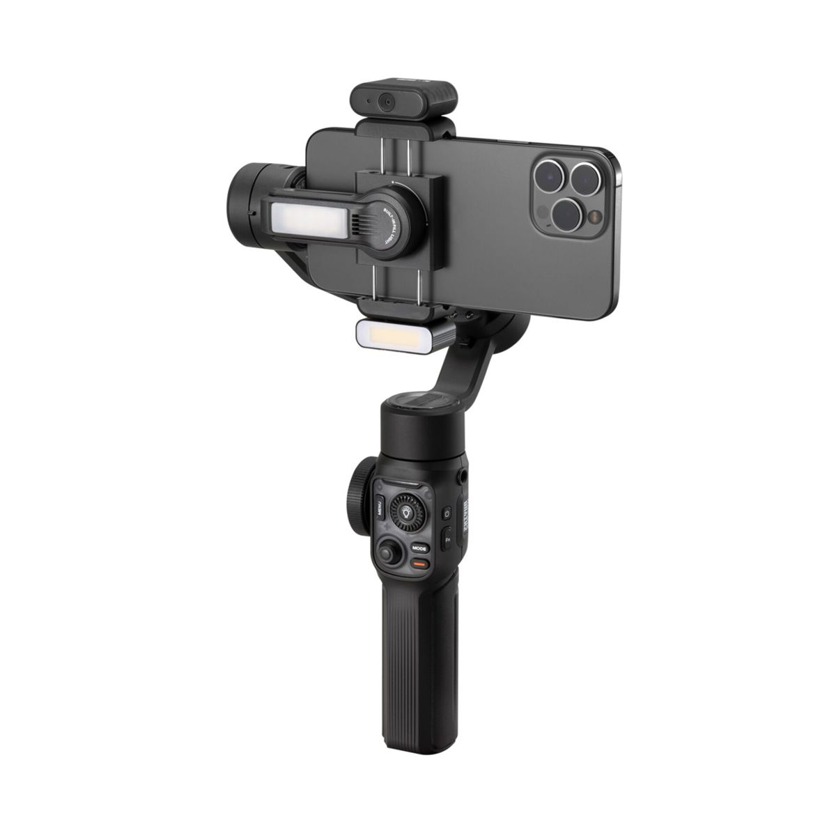 Ein schwarzes Telefon, das an einem Gimbal-Stabilisator befestigt ist. Am Gimbal befinden sich Lichter und Knöpfe. Weißer Hintergrund.