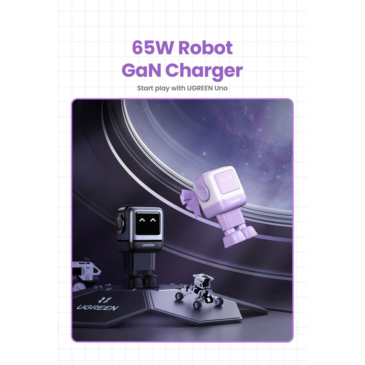 Ładowarka Robot GaN z dwoma elementami w kształcie robota. Kolory fioletowy i czarny, otoczone tłem kosmicznym.