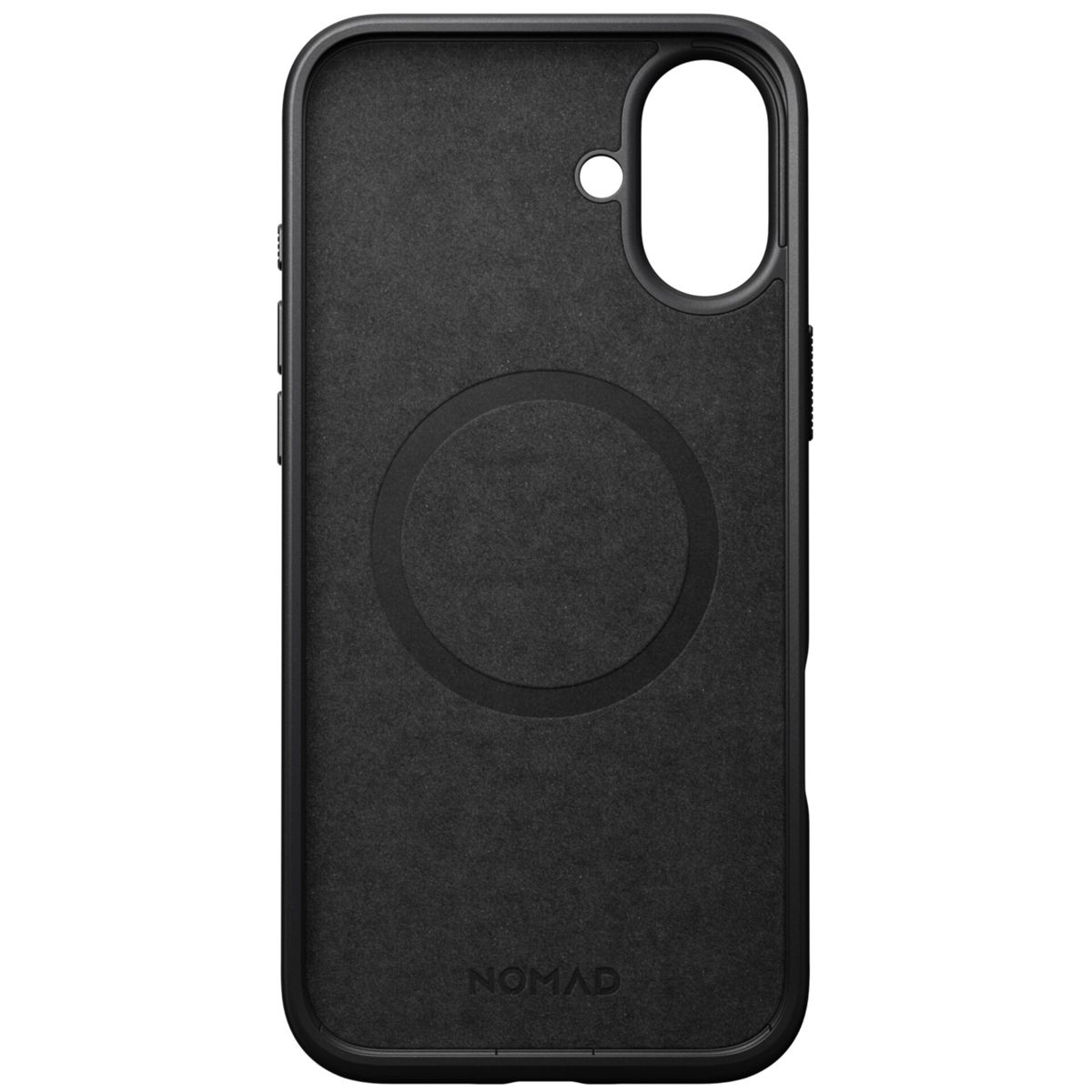 Una custodia per telefono nera con un magnete rotondo. La custodia ha il logo Nomad in basso.