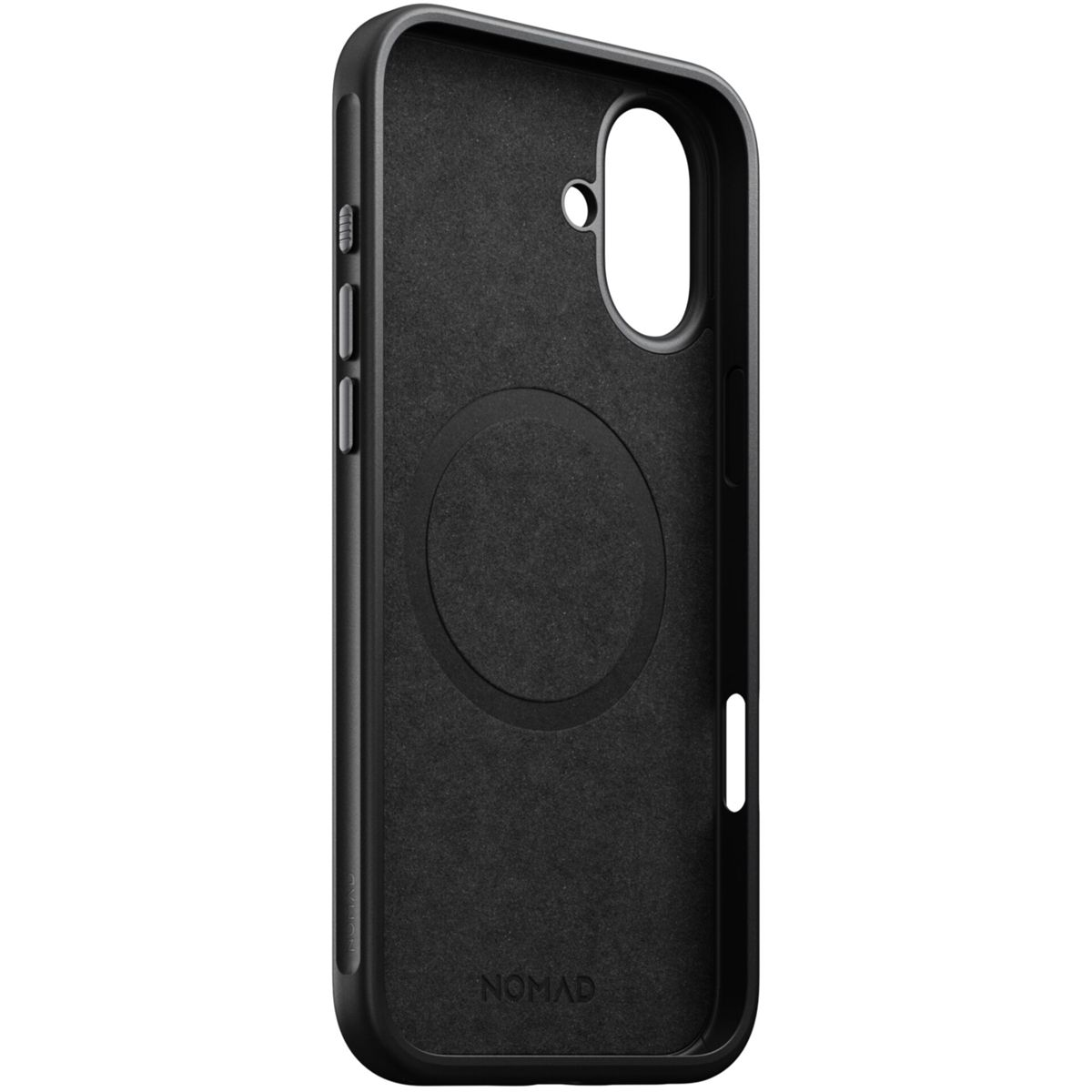 Interno di custodia nera con magnete circolare e pulsanti laterali, scritta 'NOMAD' in basso.
