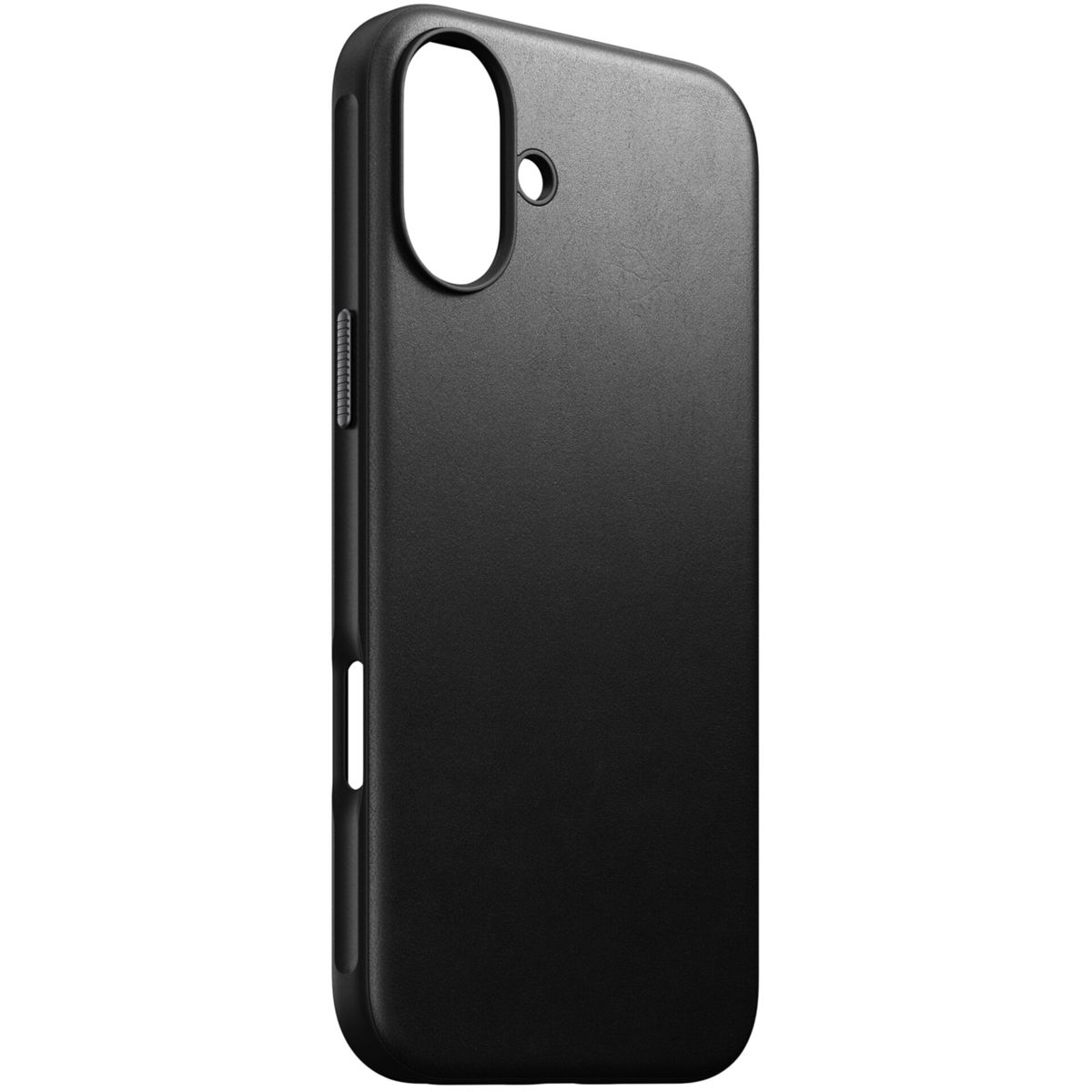 Una custodia per telefono nera con pulsanti laterali e un foro per la fotocamera.