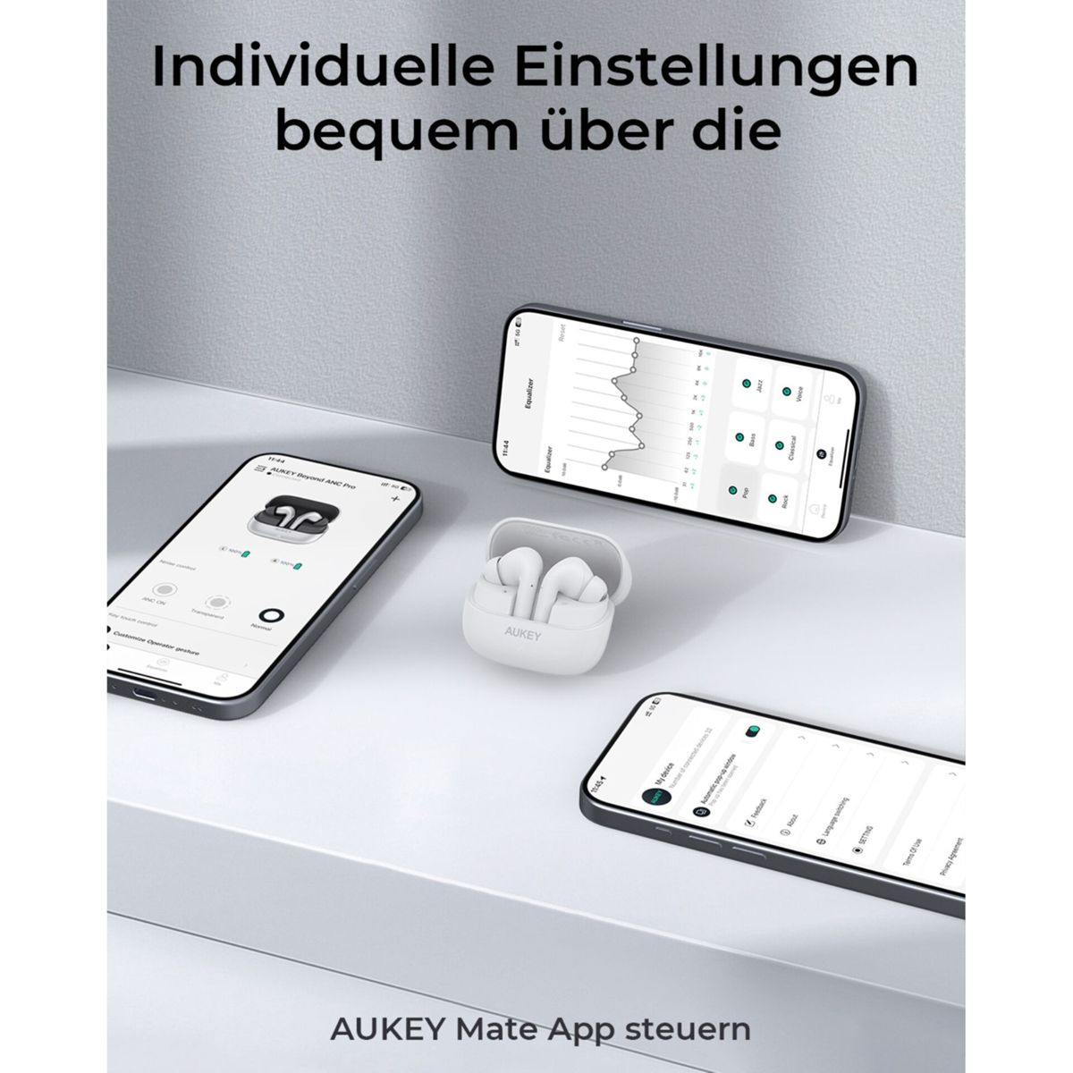 Tres teléfonos y un estuche blanco para auriculares en una superficie blanca. Los teléfonos muestran aplicaciones y un gráfico.