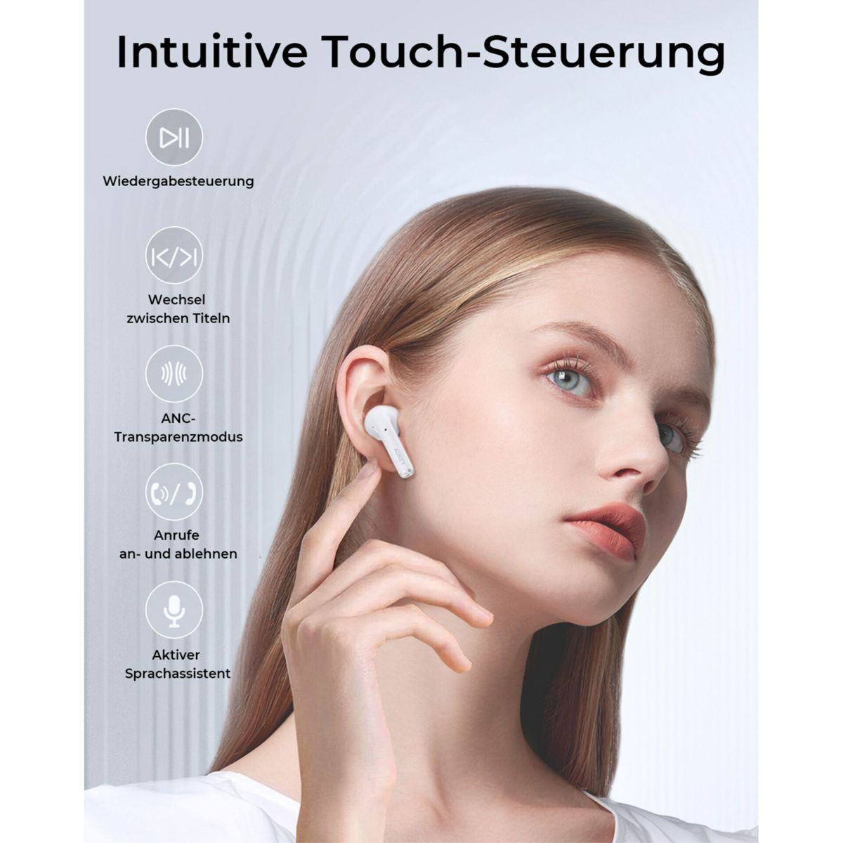 Mujer con auriculares e iconos. Texto: 'Control táctil intuitivo'. Iconos de reproducción, llamadas, asistente.