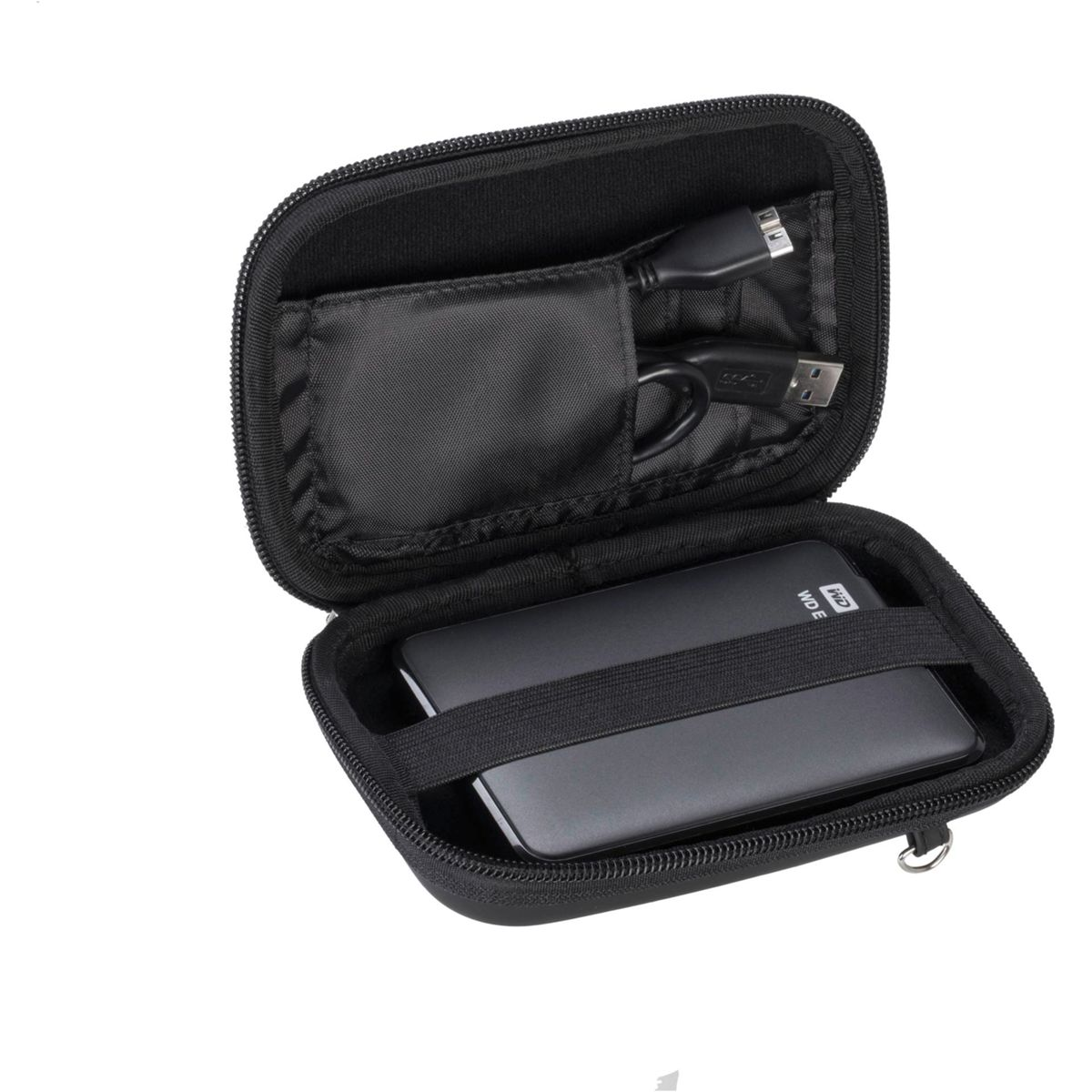 Schwarze Festplatte in einem schwarzen Etui mit Reißverschluss, Kabel innen.
