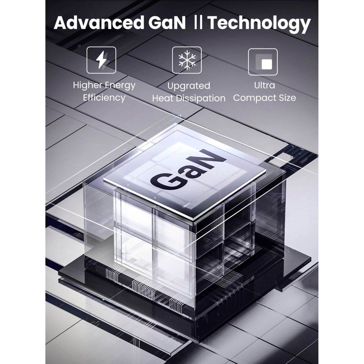 Obraz przedstawiający urządzenie z tekstem 'GaN' otoczone ikonami na metalicznym tle.