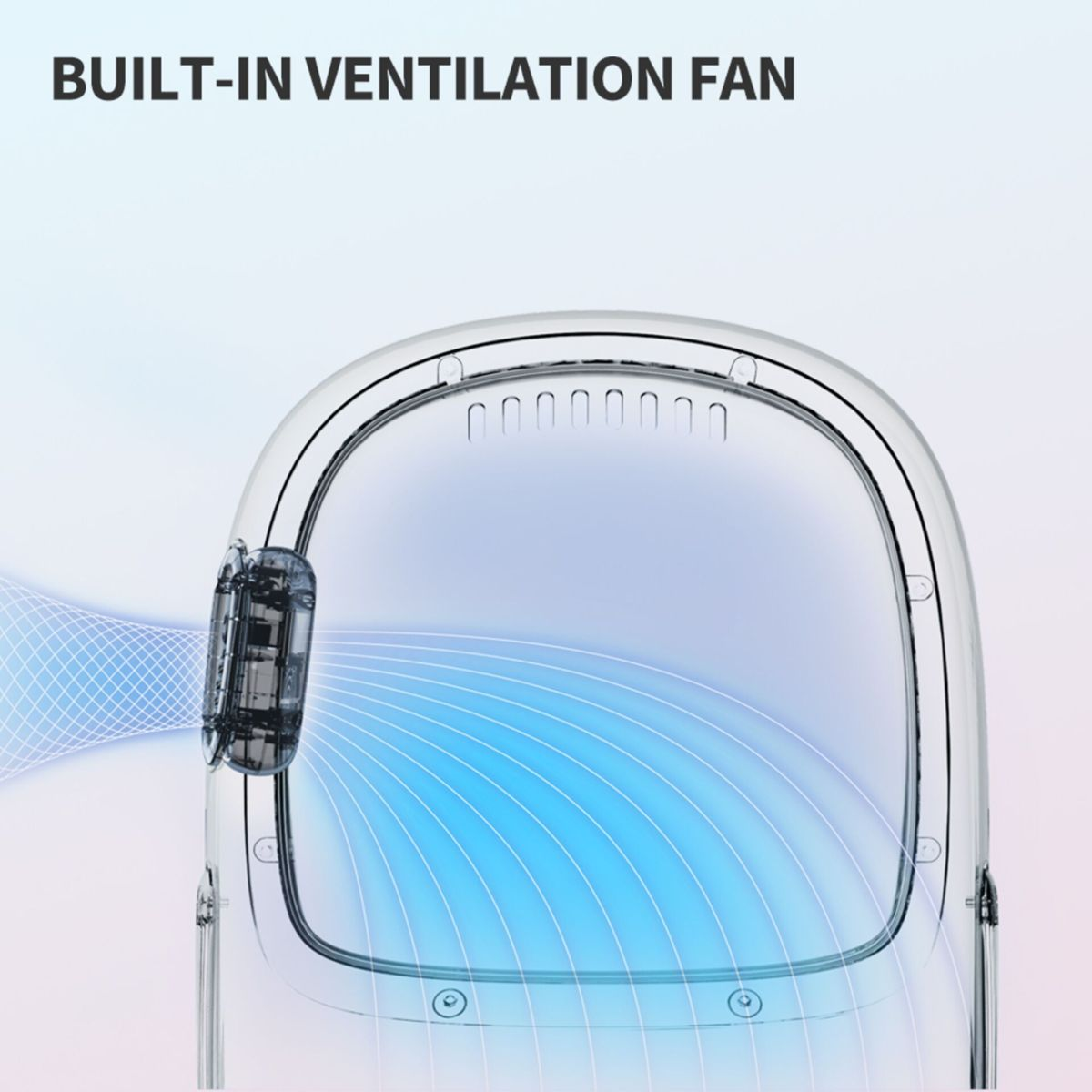 Transporter dla zwierząt z przezroczystym przodem, pokazujący wbudowany wentylator.