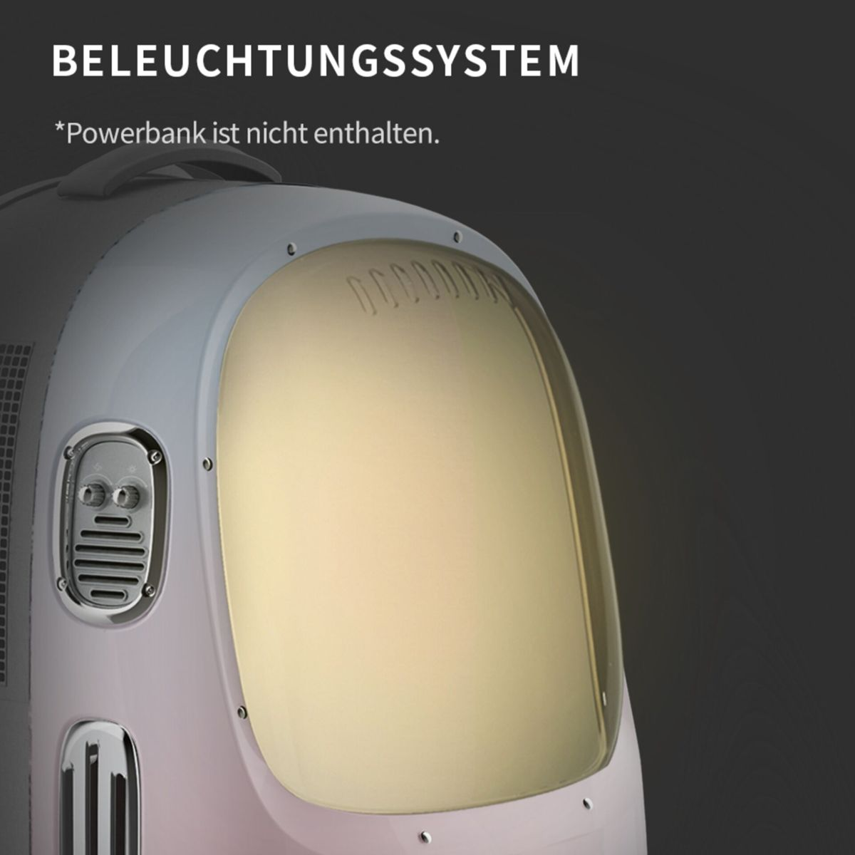 Transporter dla zwierząt z przezroczystym przodem. Ma podświetlane wnętrze i tekst w języku niemieckim.