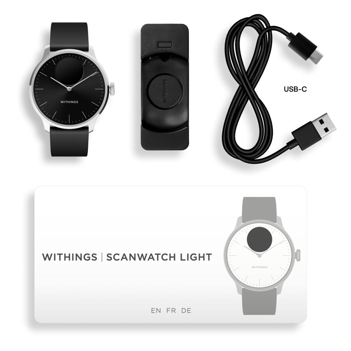 Czarny smartwatch, stacja ładująca, kabel i karta z tekstem w języku angielskim, francuskim, niemieckim.