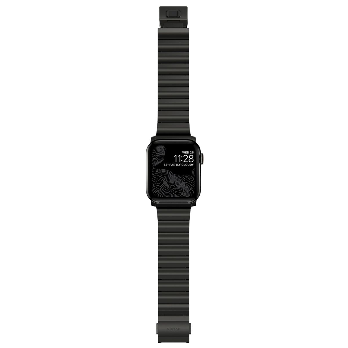 Schwarze Apple Watch mit schwarzem Metallarmband, die Uhr zeigt Zeit und Wetter an.