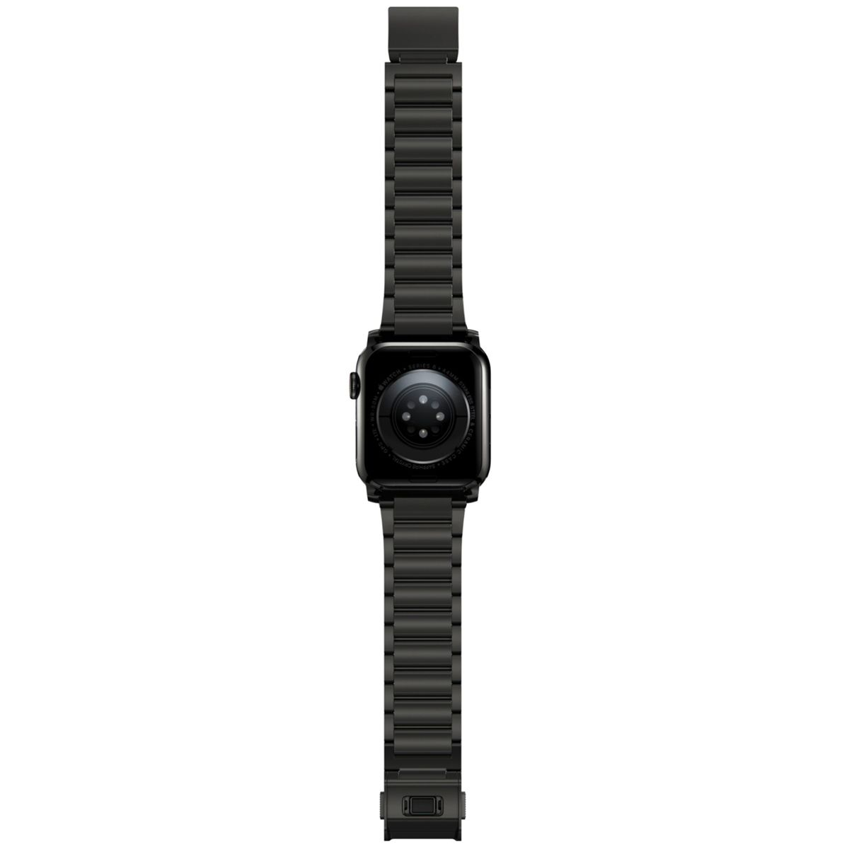 Eine schwarze Apple Watch, von hinten gesehen, mit einem schwarzen Metallarmband. Die Uhr hat eine schwarze Glasoberfläche.