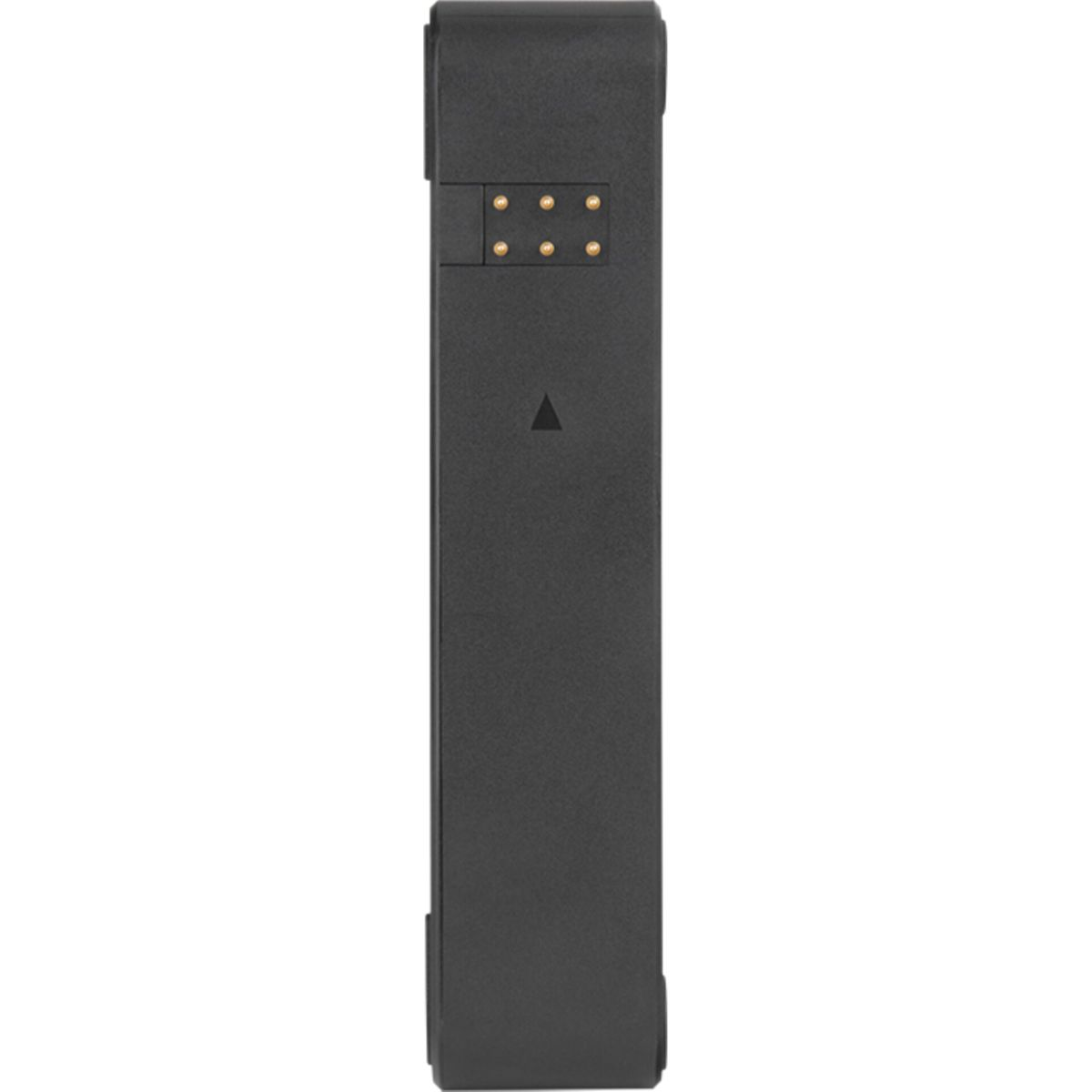 Ein schwarzes rechteckiges Gerät mit goldenen Punkten auf einer Seite. Das Gerät hat ein schlankes Design und ein kleines Dreieck.