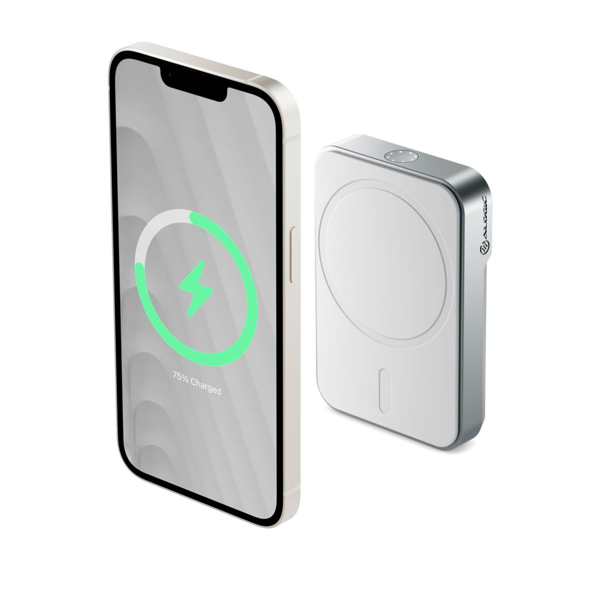 Un telefono bianco con un simbolo di carica verde accanto a un power bank magnetico argento. Il telefono è carico al 75%.