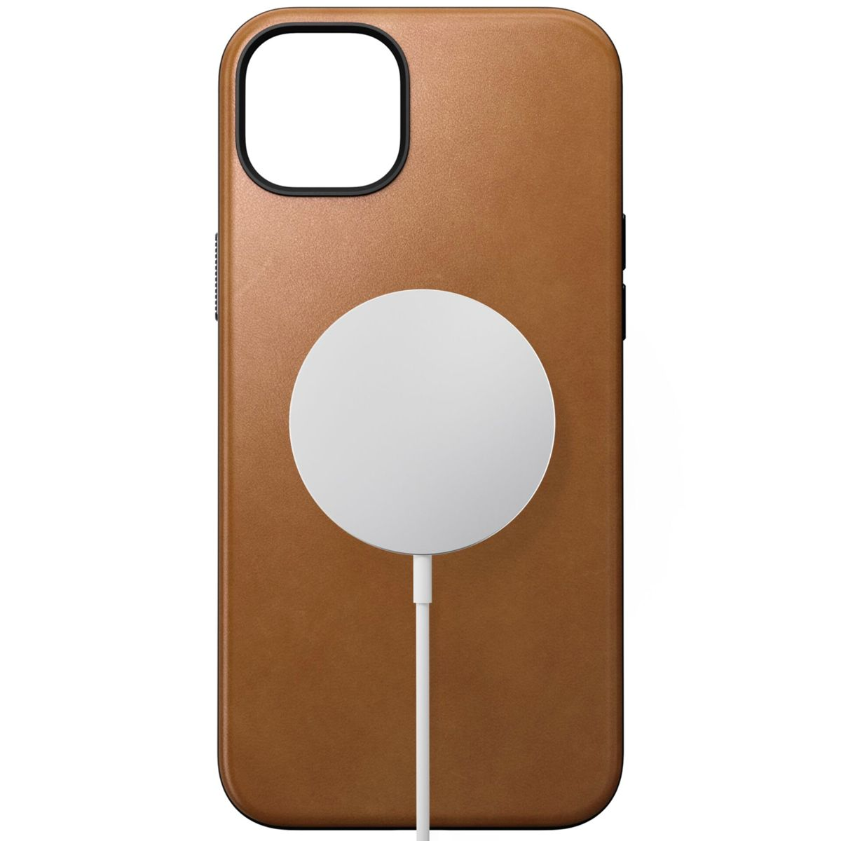 Custodia marrone per telefono con caricatore circolare bianco sul retro. Sfondo bianco.