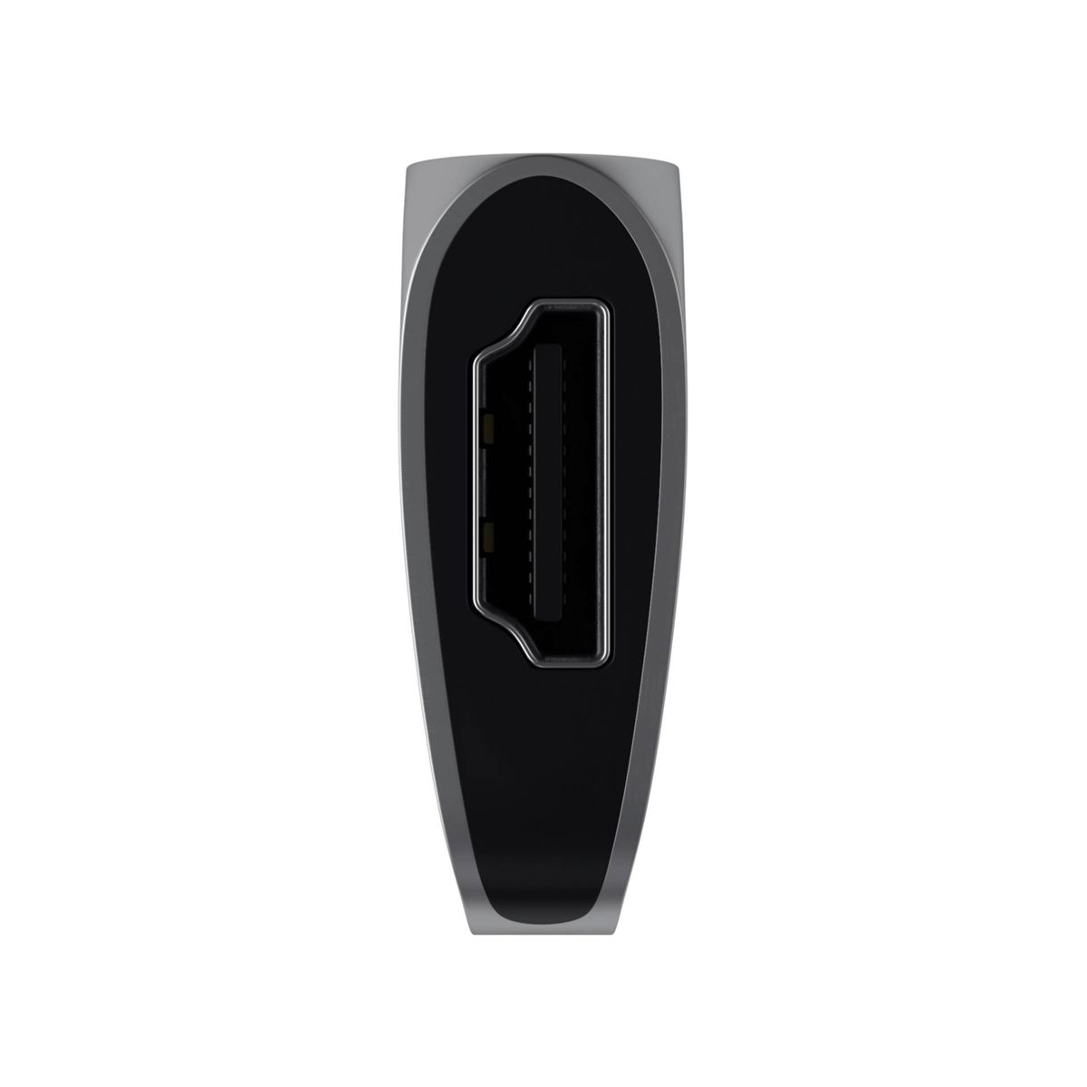 Un adaptador HDMI plateado con un puerto negro, aislado sobre un fondo blanco.