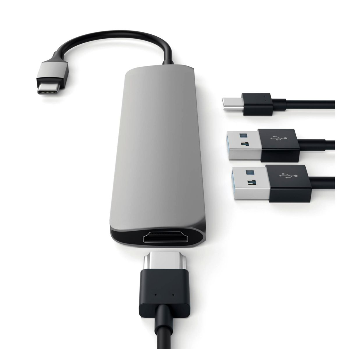 Un concentrador USB-C gris con múltiples conexiones de cable sobre un fondo blanco.