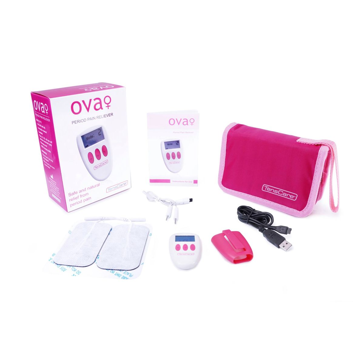 Ein Gerät zur Linderung von Menstruationsschmerzen und Zubehör, einschließlich einer rosa Tasche und Pflastern.