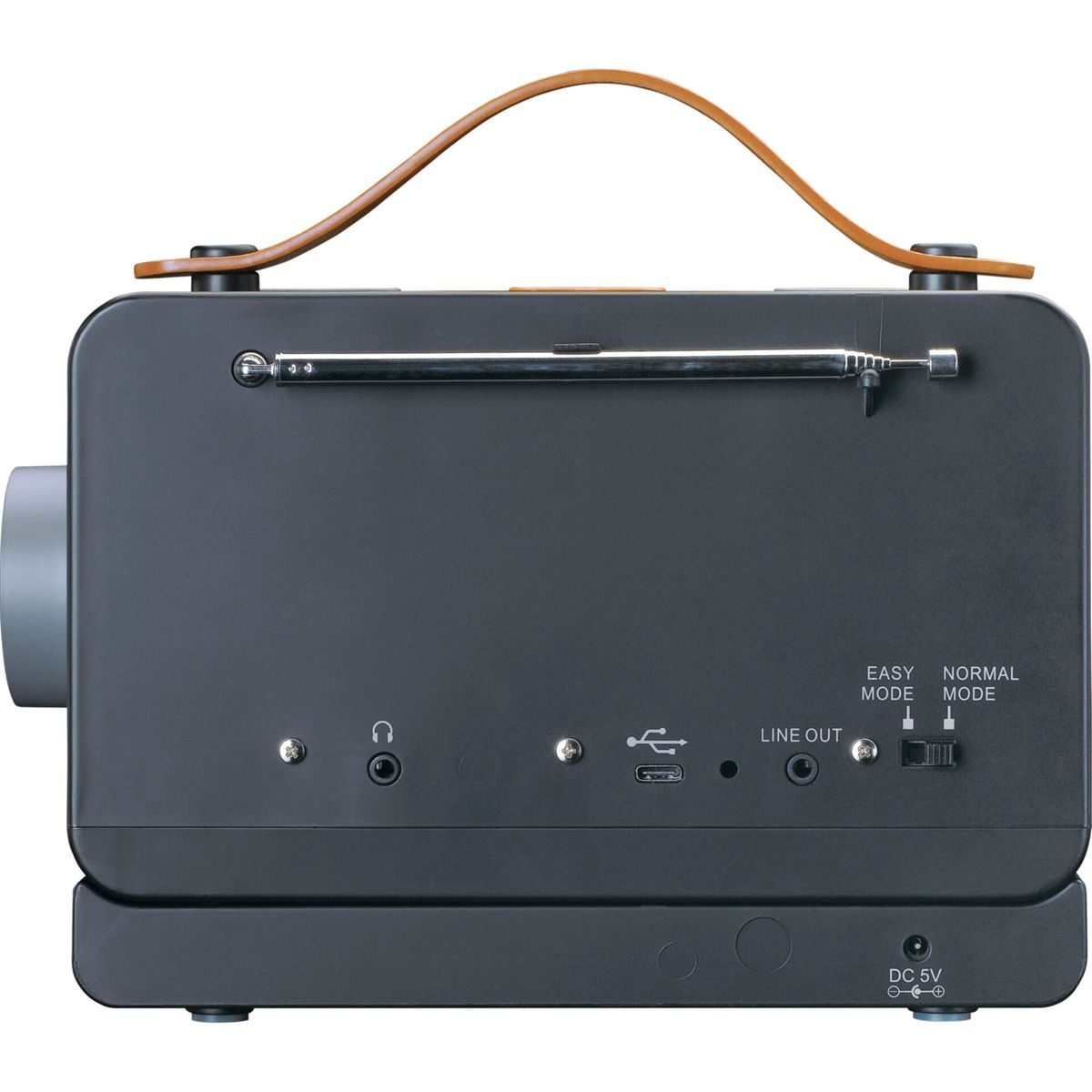 Czarne radio z brązowym uchwytem. Posiada pokrętło i antenę. Z tyłu znajdują się porty audio i przyciski wyboru trybu.